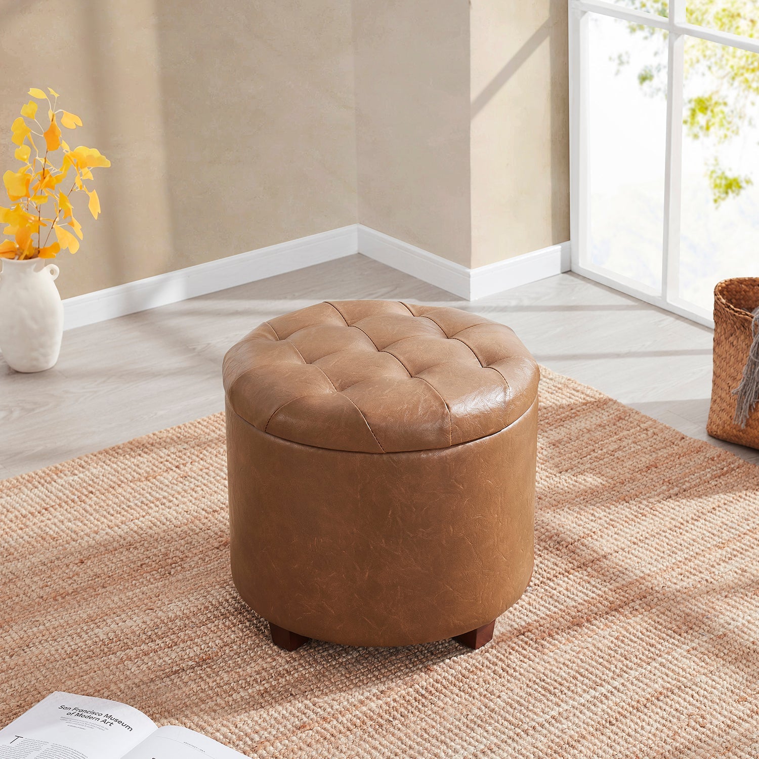Donovan Round Tufted Faux Leather Storage Ottoman - Mocha