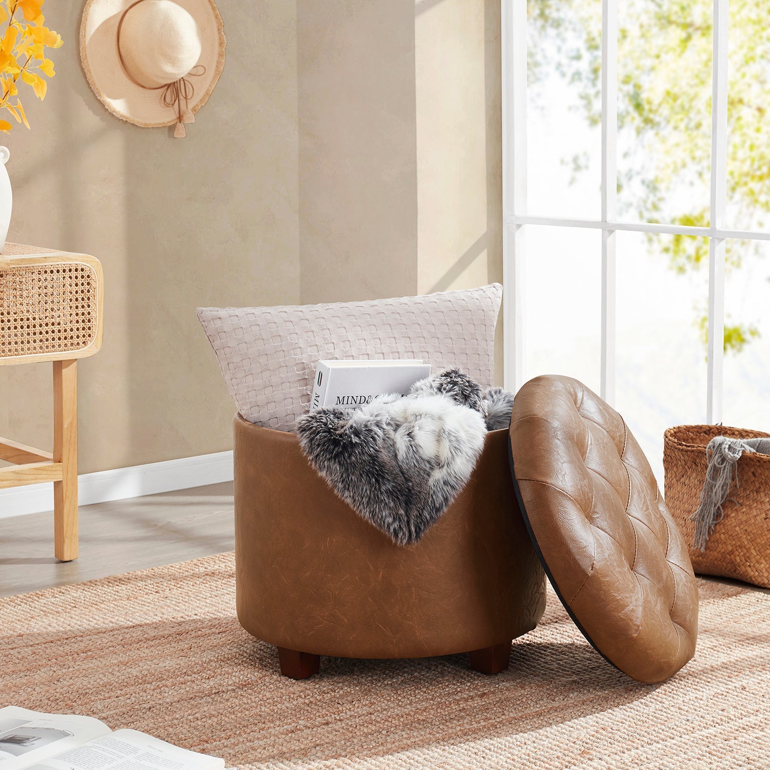 Donovan Round Tufted Faux Leather Storage Ottoman