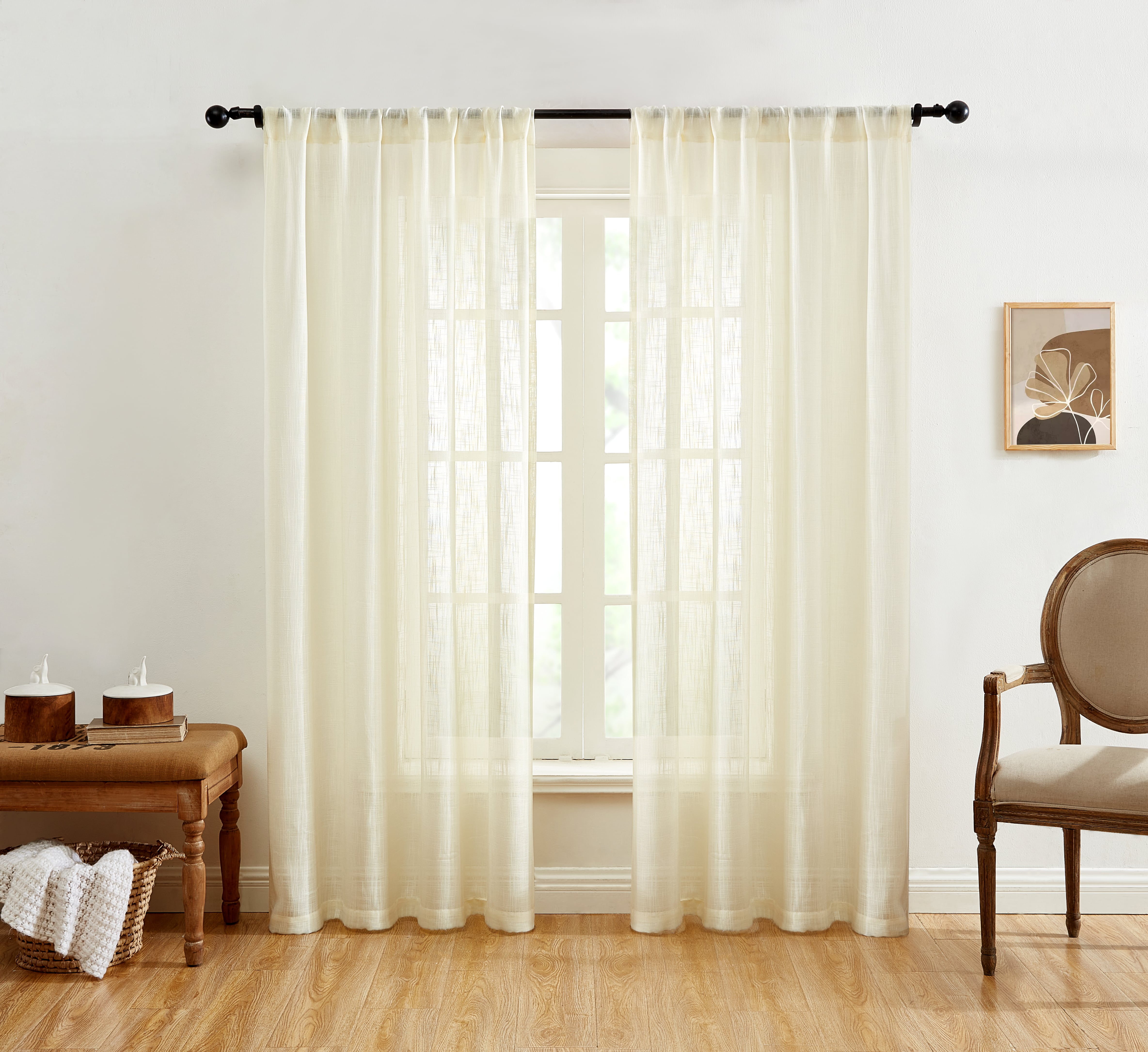 Linda Faux Linen Textured Sheer Rod Pocket Curtain Panels