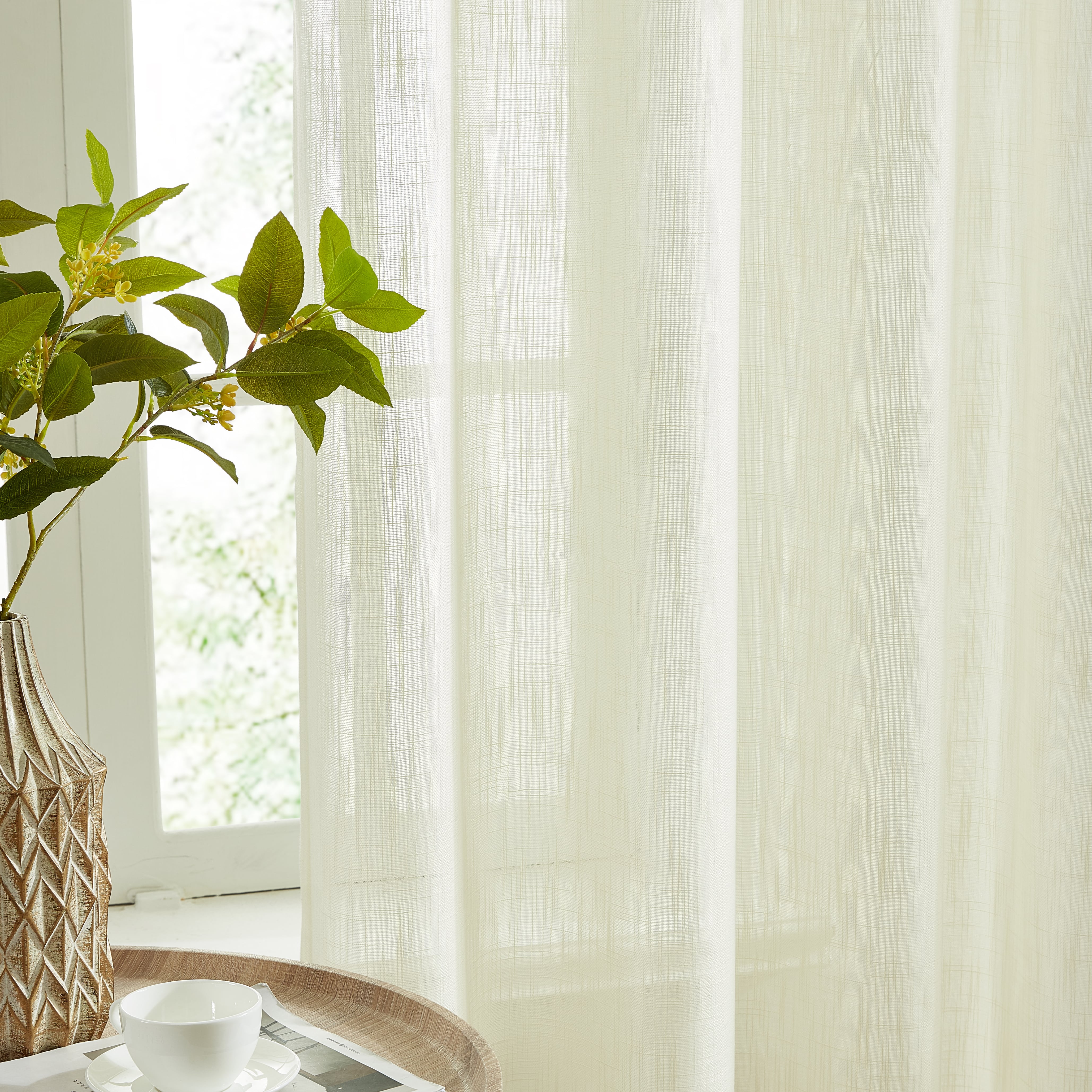 Linda Faux Linen Textured Sheer Rod Pocket Curtain Panels