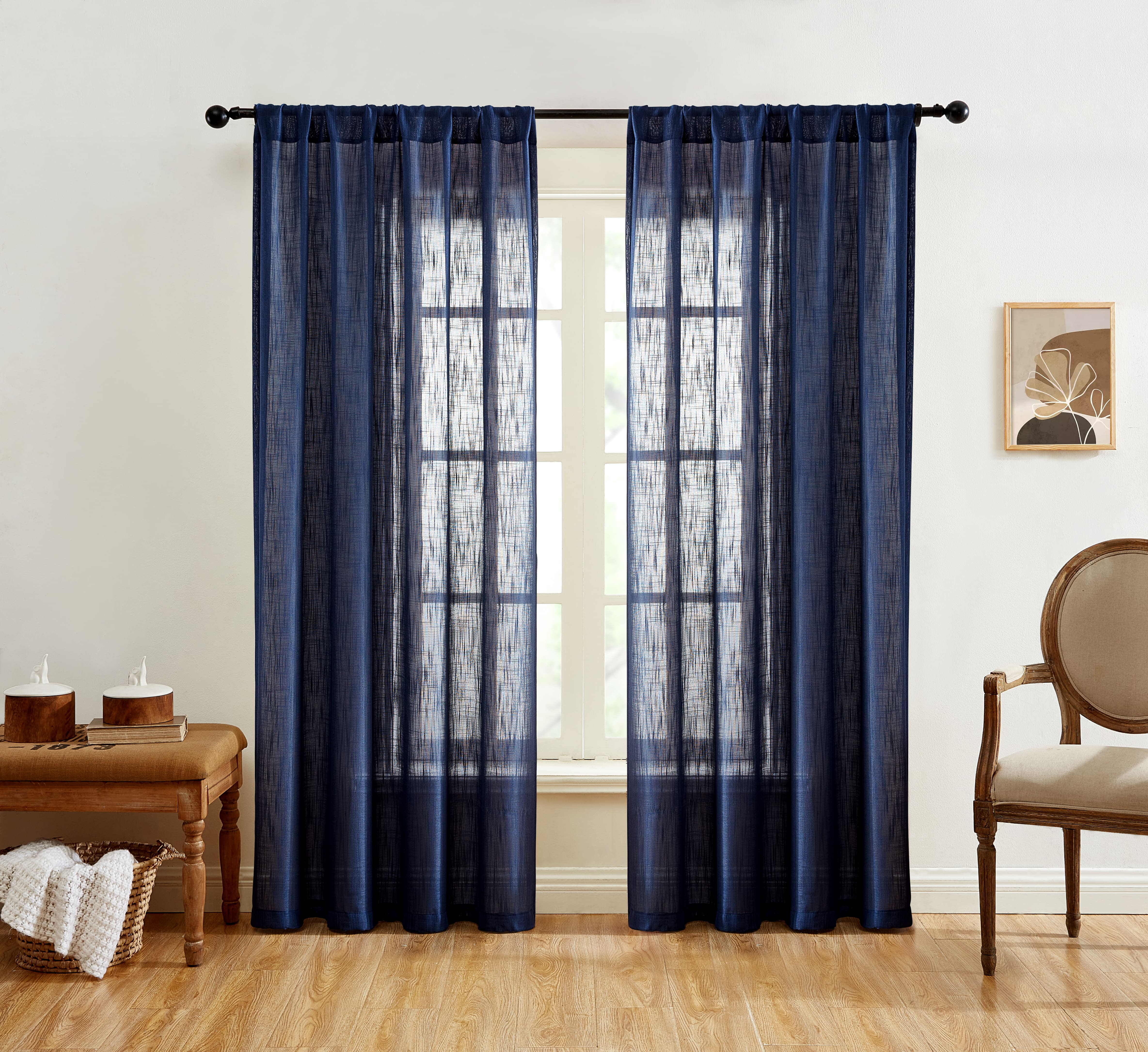 Linda Faux Linen Textured Sheer Rod Pocket Curtain Panels