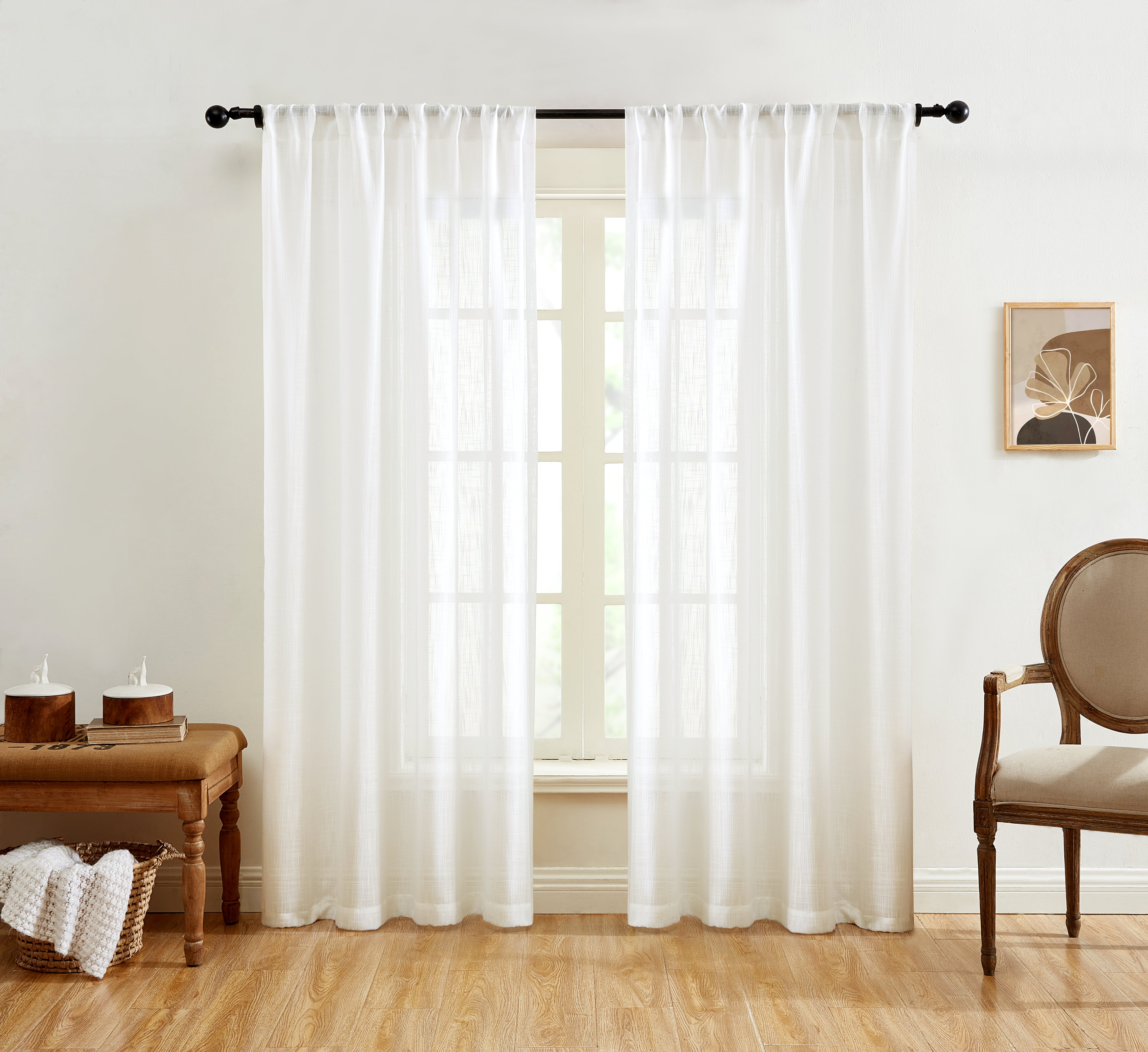 Linda Faux Linen Textured Sheer Rod Pocket Curtain Panels