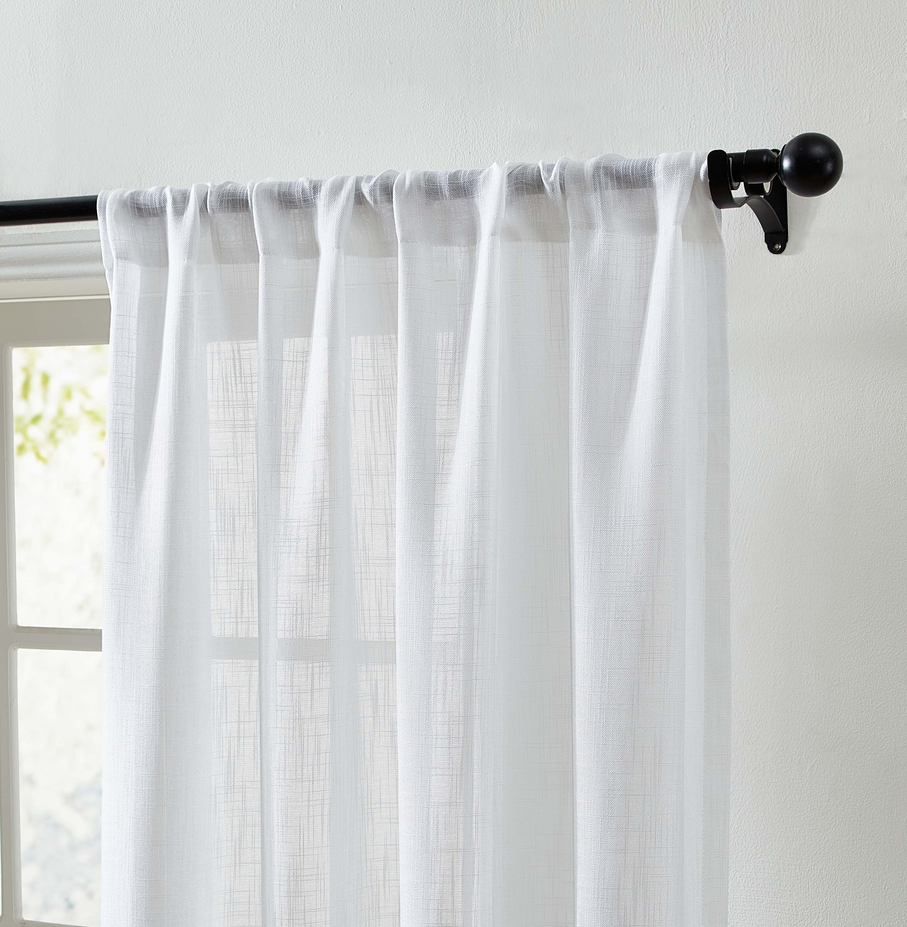 Linda Faux Linen Textured Sheer Rod Pocket Curtain Panels