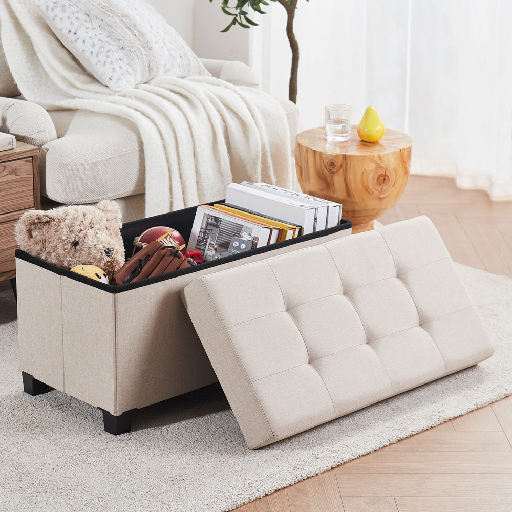 Foldable Tufted 30 Inch Linen Bench Storage Ottoman with Legs