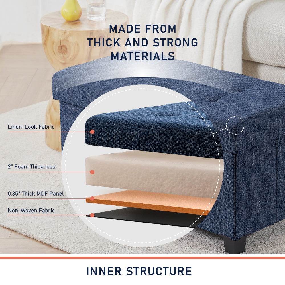 Foldable Tufted 30 Inch Linen Bench Storage Ottoman with Legs - Navy