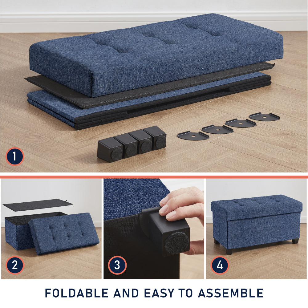 Foldable Tufted 30 Inch Linen Bench Storage Ottoman with Legs - Navy