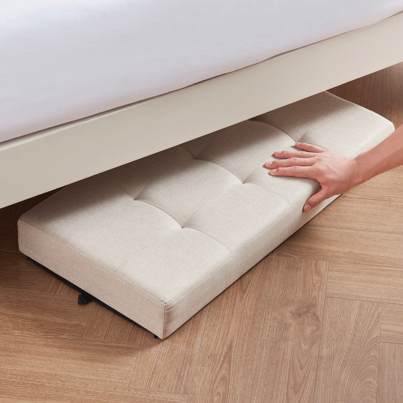 Foldable Tufted 30 Inch Linen Bench Storage Ottoman with Legs - Beige