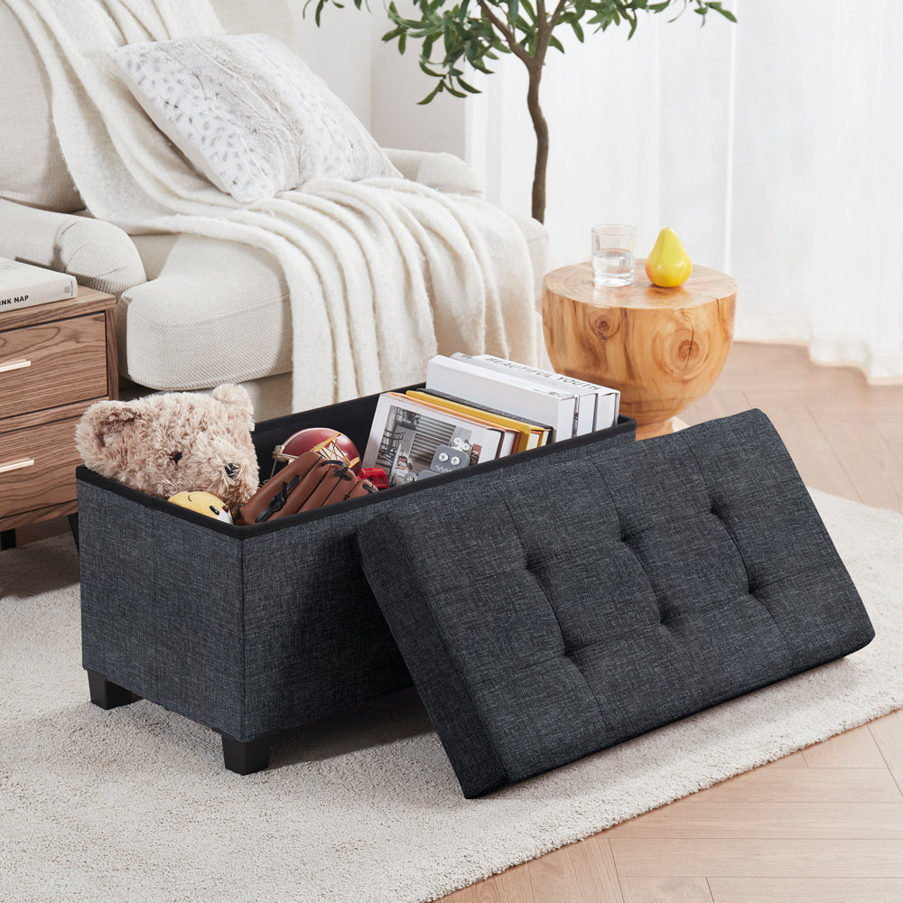 Foldable Tufted 30 Inch Linen Bench Storage Ottoman with Legs