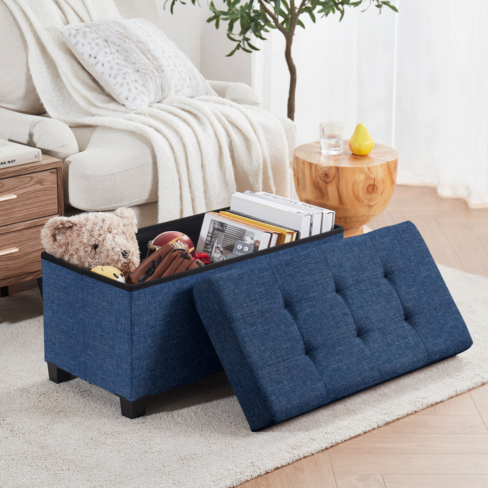 Foldable Tufted 30 Inch Linen Bench Storage Ottoman with Legs