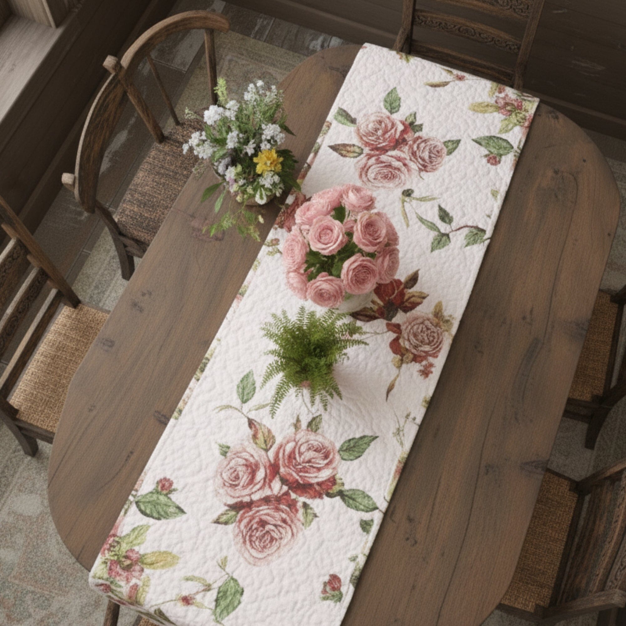 Romantic Roses Pink White Lovely Floral Quilted Dining Table Runner (879)