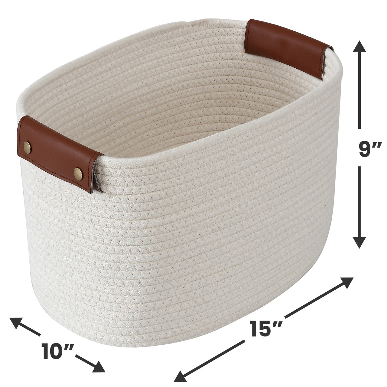 3 Pack Woven Cotton Rope Shelf Storage Basket with Leather Handles