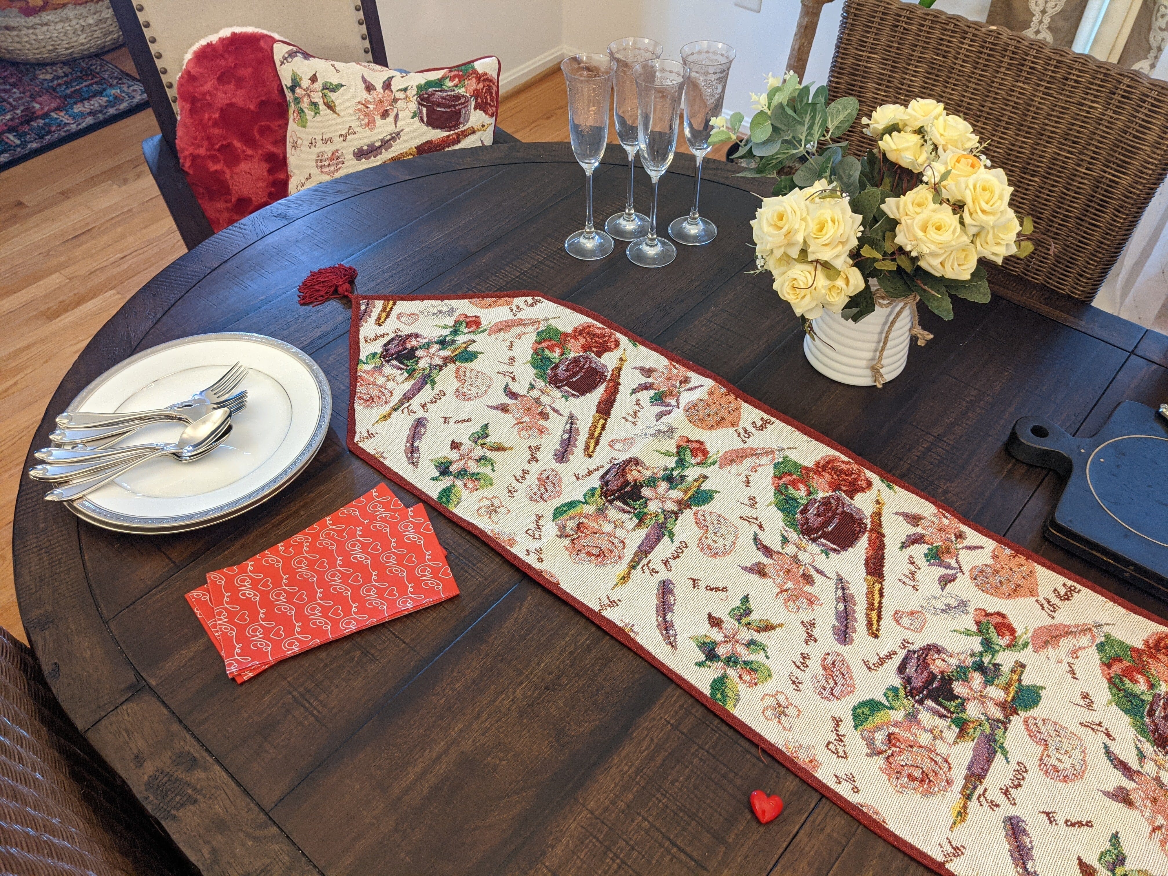 Sweet Heart Love Notes Pink Floral Woven Tapestry Dining Table Runner (18273)