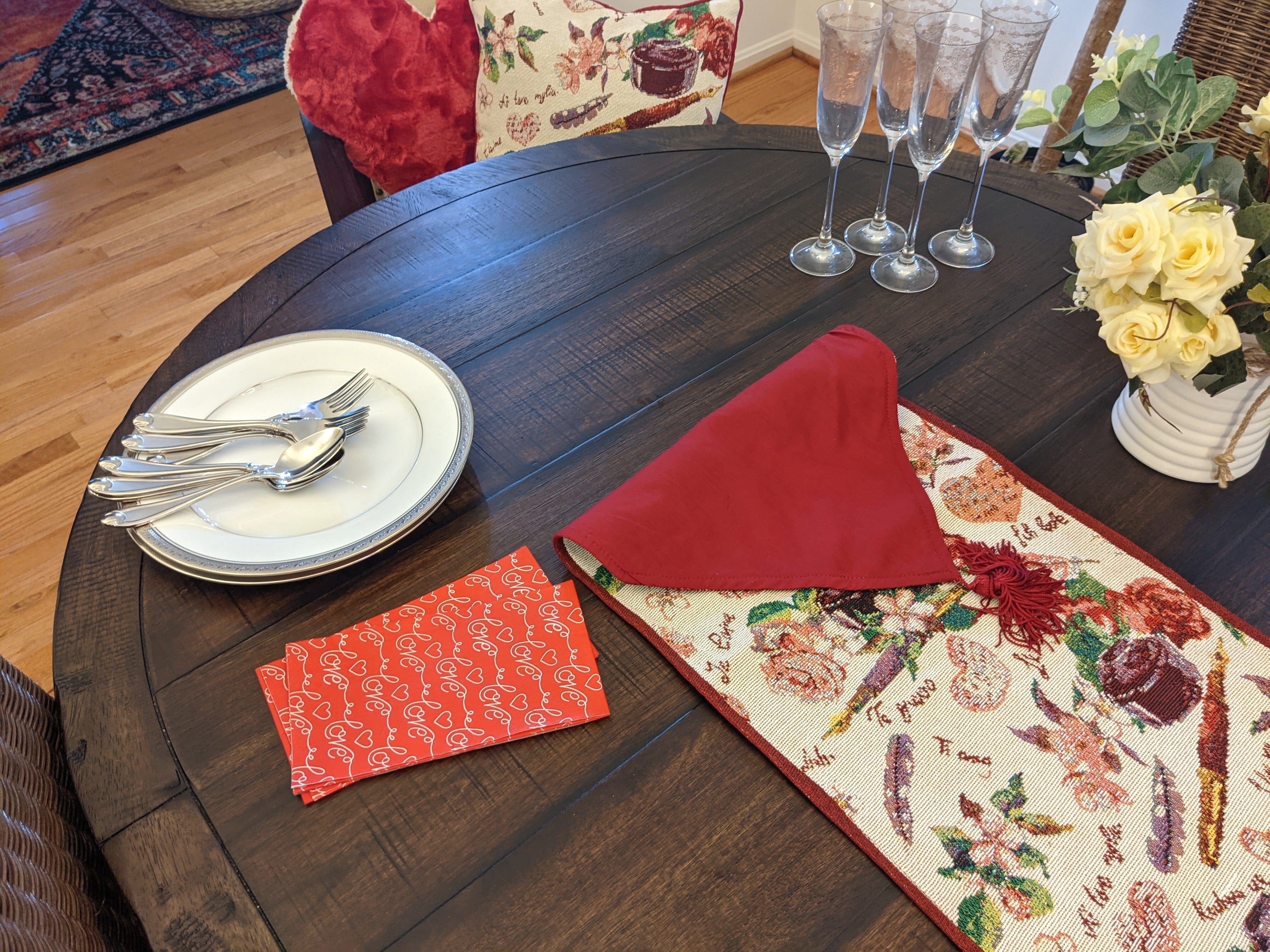 Sweet Heart Love Notes Pink Floral Woven Tapestry Dining Table Runner (18273)