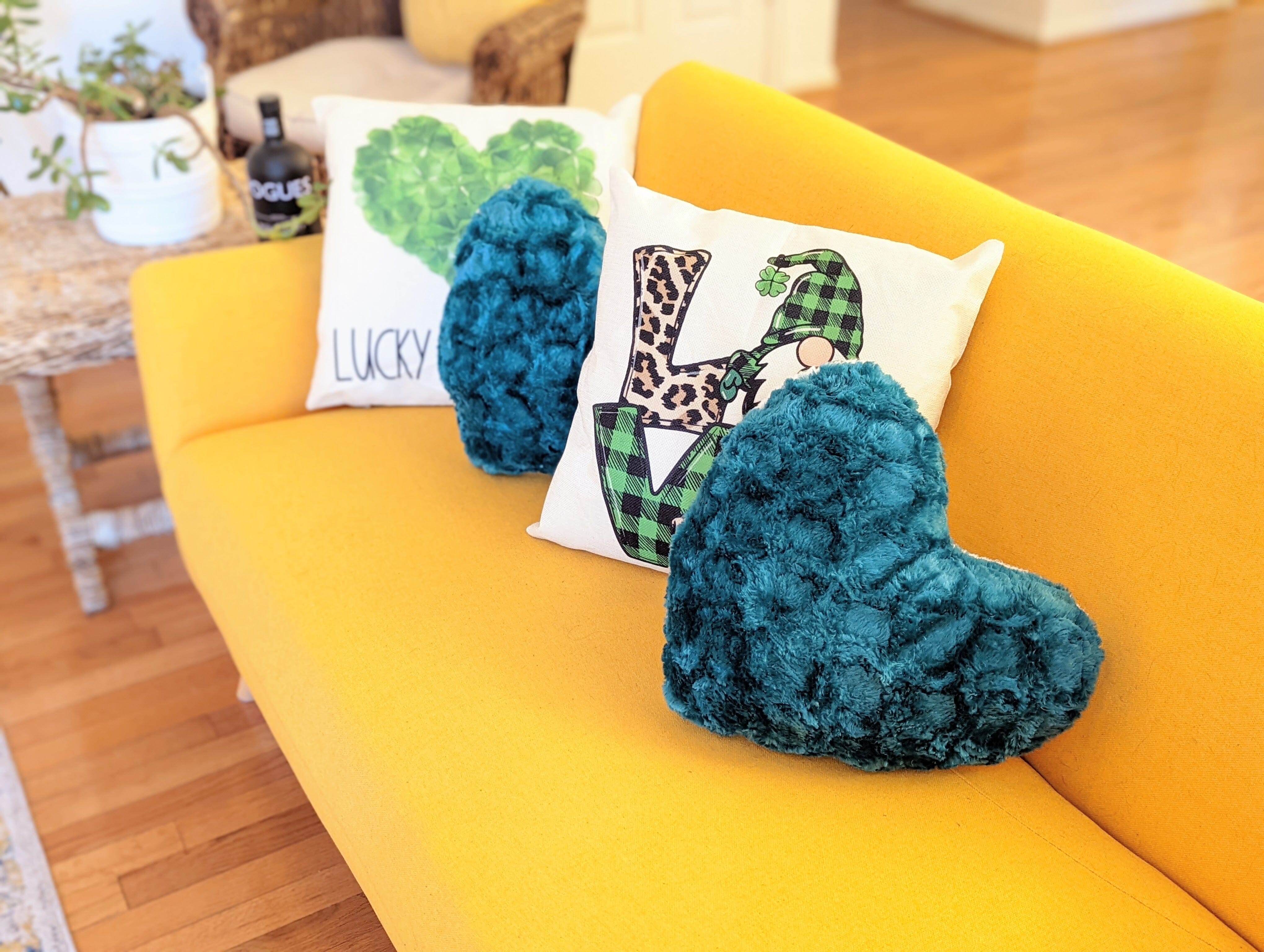 Lucky Irish Teal Green Faux Fur Heart Shaped Throw Pillow - 16" x 14"