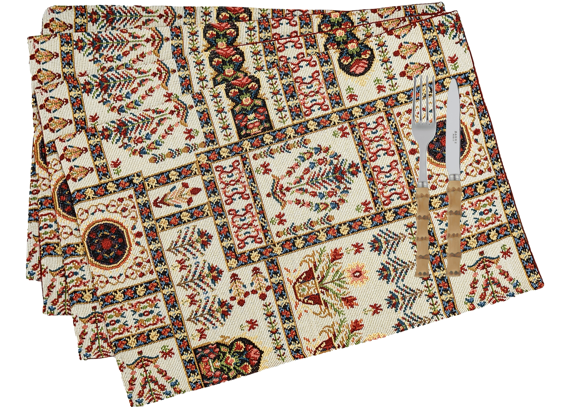 Set of 4-Pieces Light White Mughal Floral Botanical Cottage Fleur Tapestry Placemats 13" x 19" (18196)