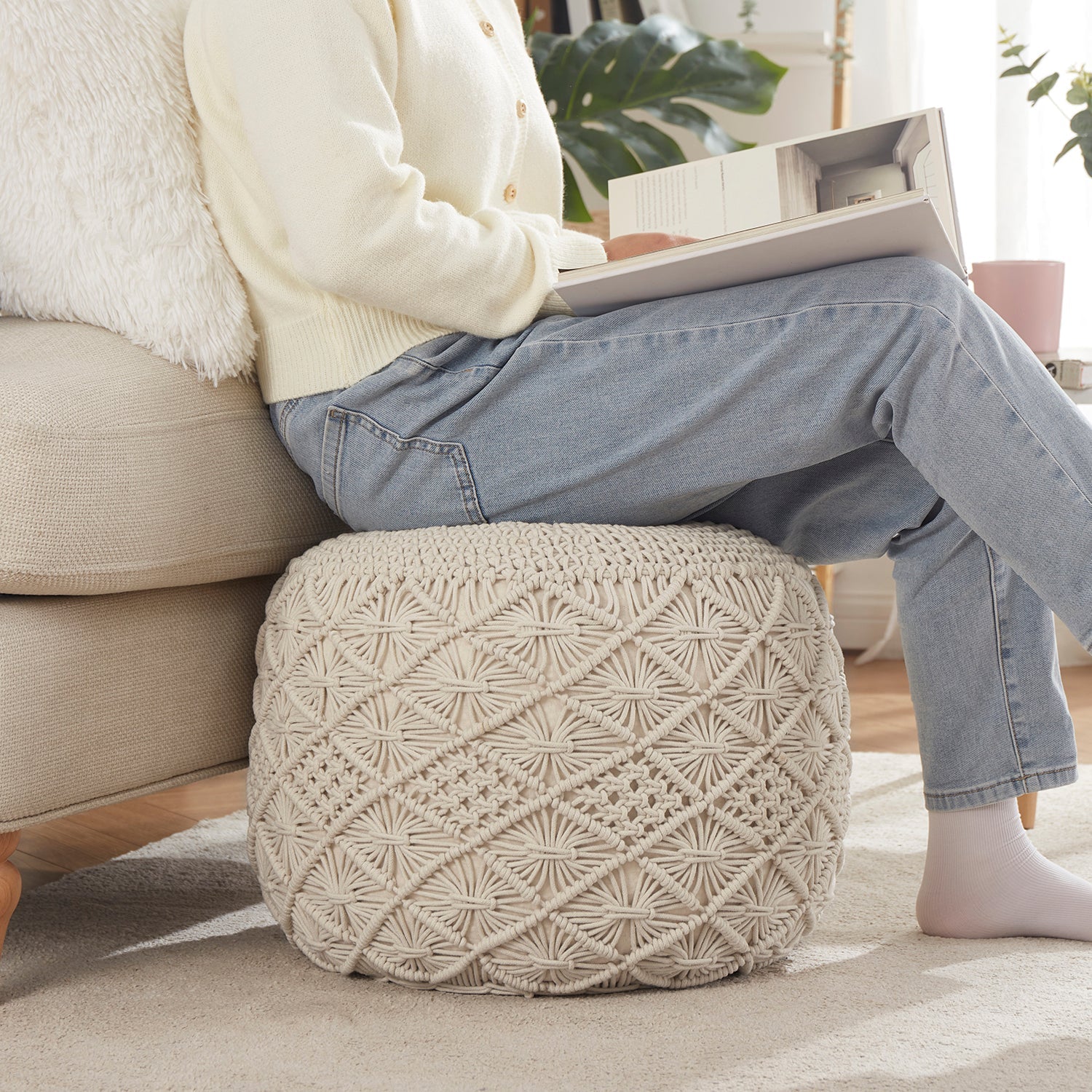 Cotton Macrame Braid Pouf Ottoman