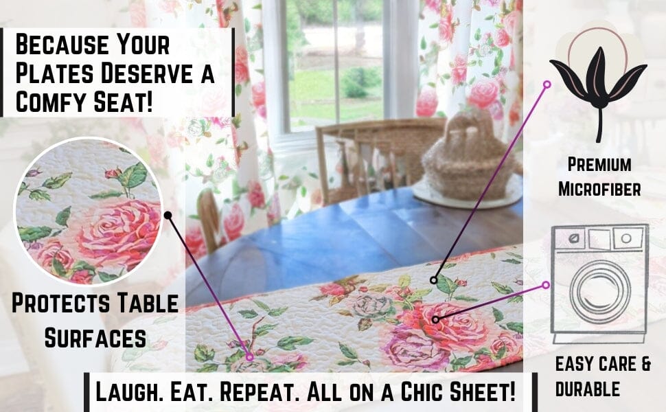 Romantic Roses Pink White Lovely Floral Quilted Dining Table Runner (879)