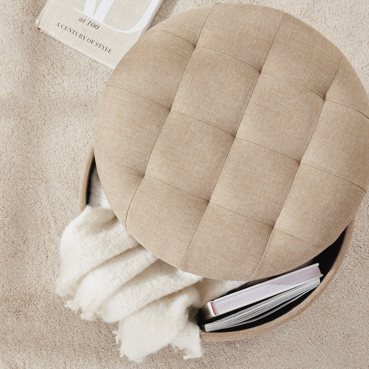 Donovan Round Tufted Linen Storage Ottoman - Beige