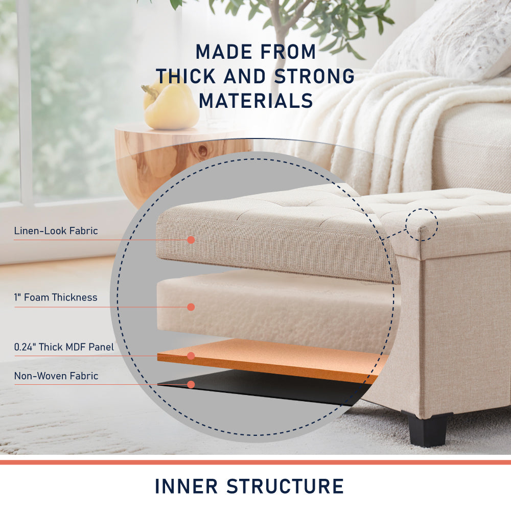 Foldable Tufted 15 Inch Square Linen Storage Ottoman with Legs - Beige