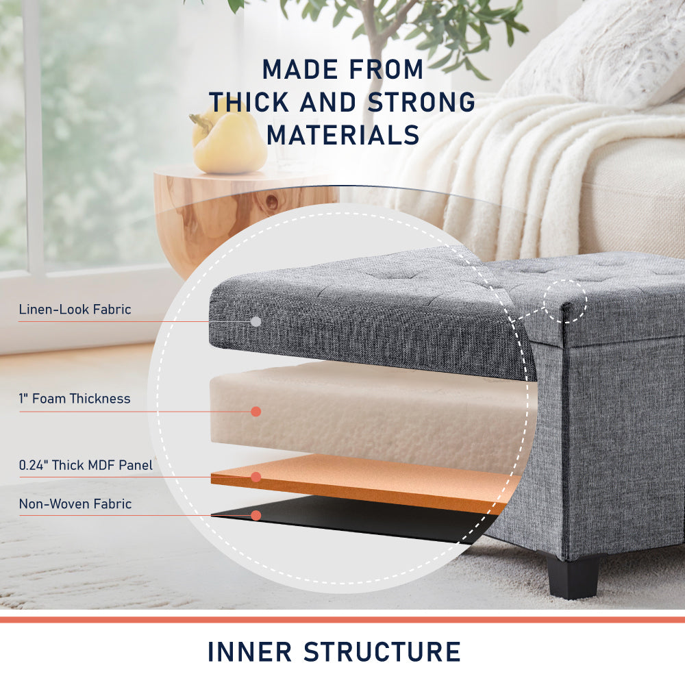 Foldable Tufted 15 Inch Square Linen Storage Ottoman with Legs - Gray