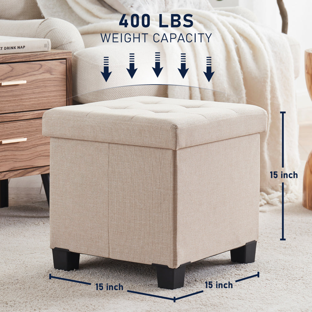 Foldable Tufted 15 Inch Square Linen Storage Ottoman with Legs