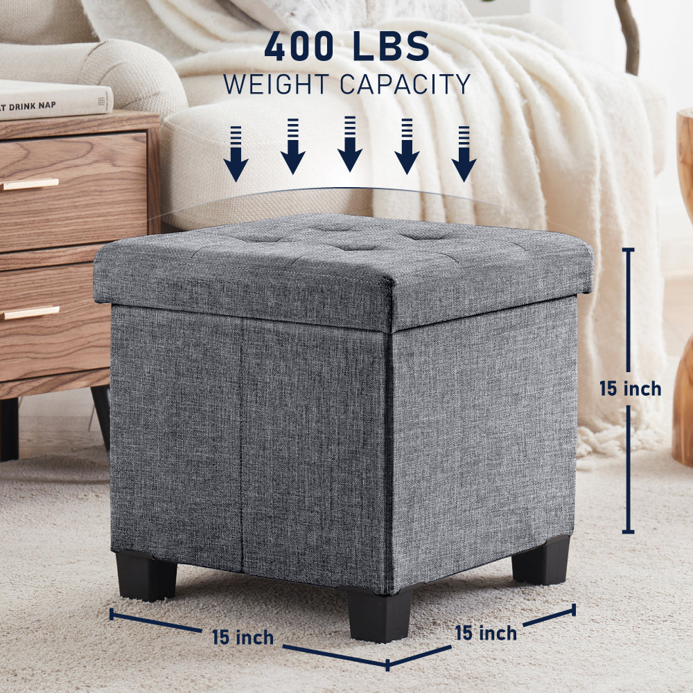 Foldable Tufted 15 Inch Square Linen Storage Ottoman with Legs - Gray