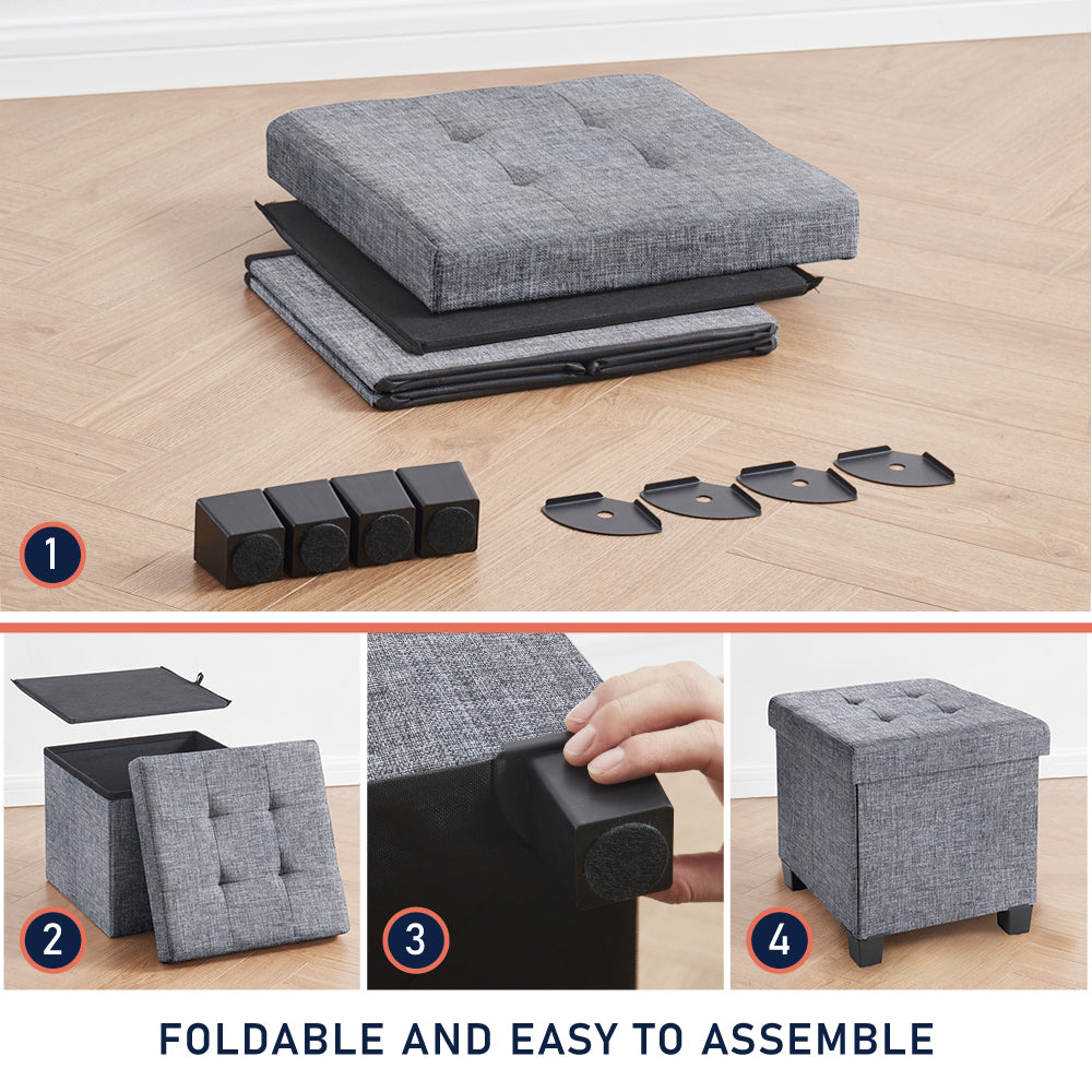 Foldable Tufted 15 Inch Square Linen Storage Ottoman with Legs - Gray
