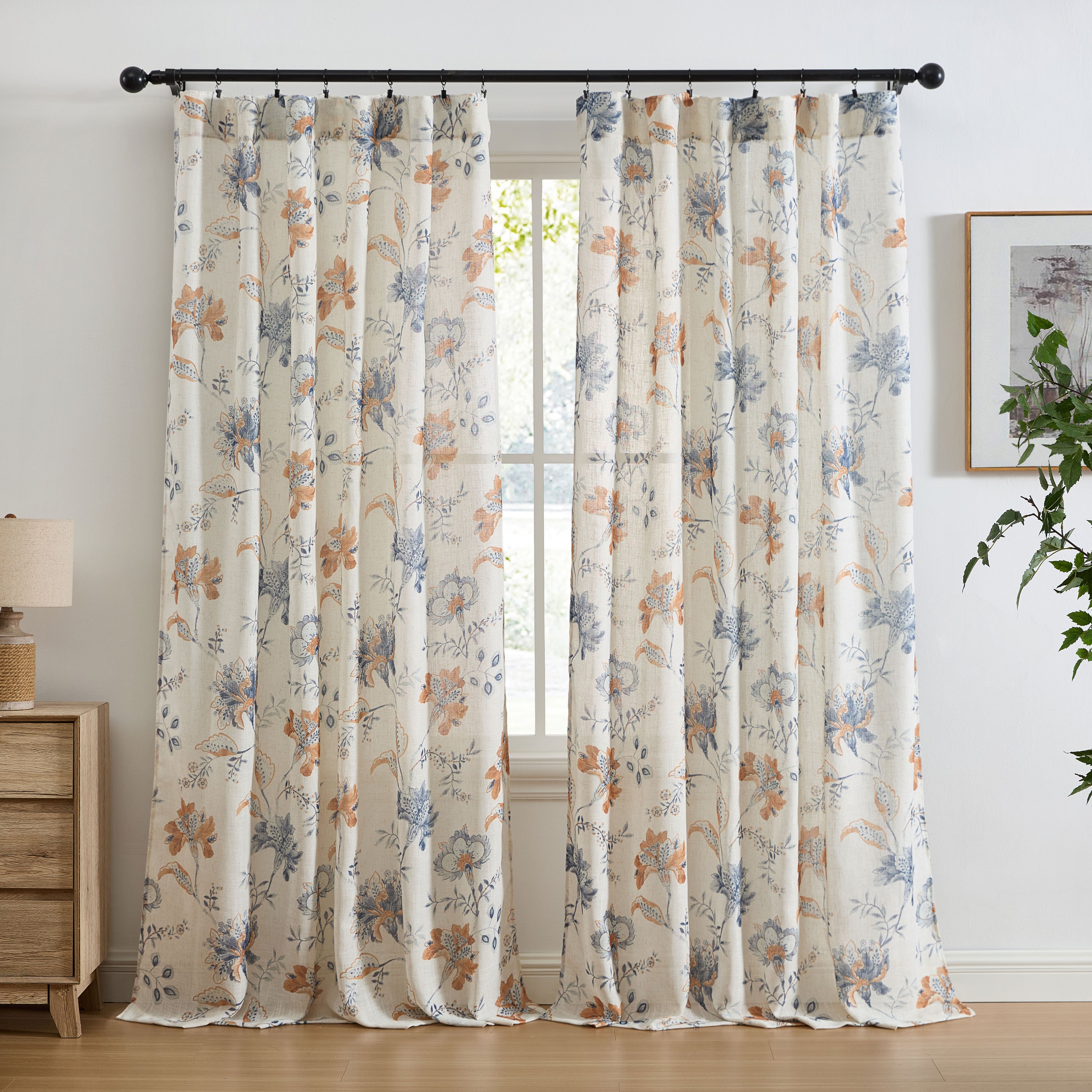 Spring Bloom Linen Floral Rod Pocket Back Tab Curtains