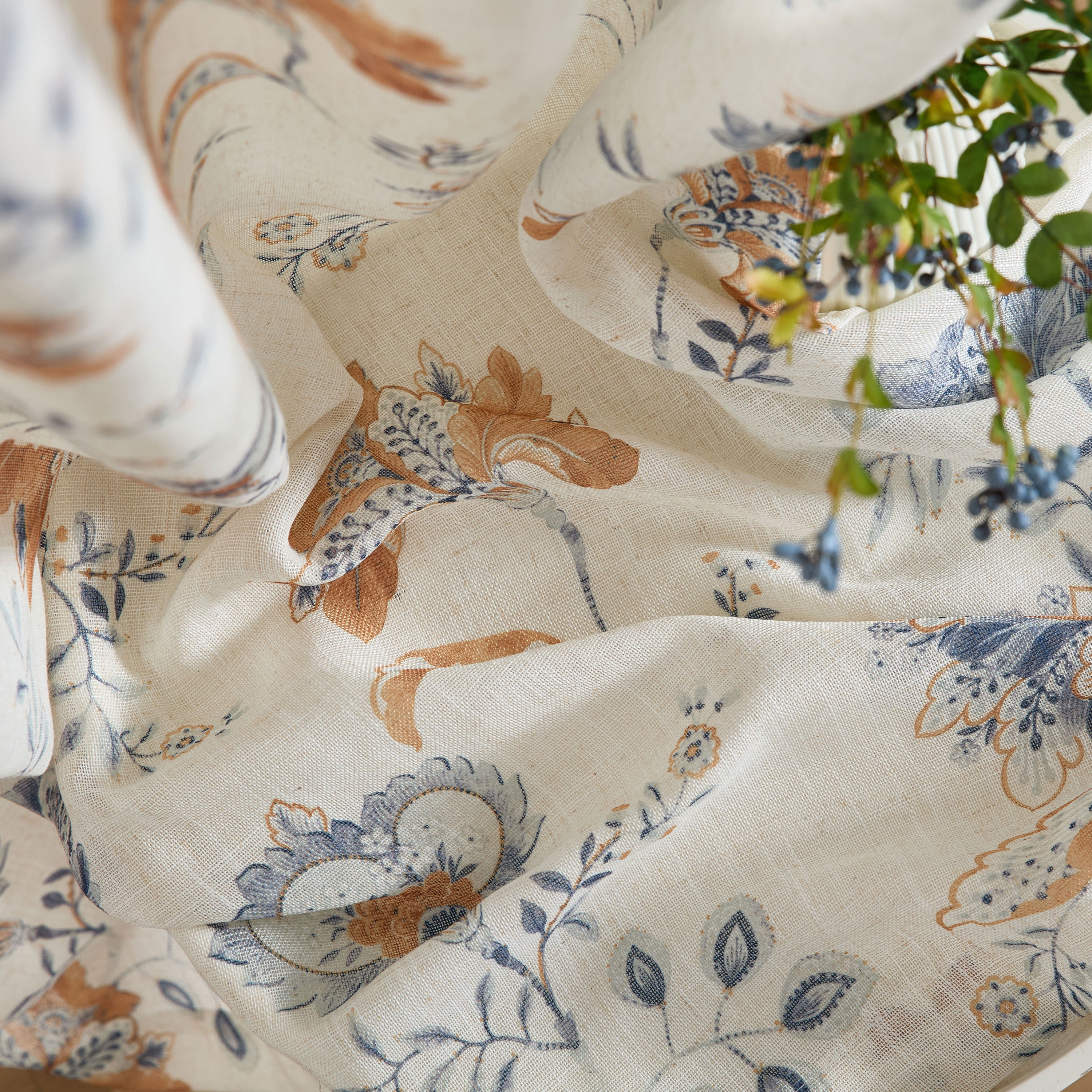 Spring Bloom Linen Floral Rod Pocket Back Tab Curtains