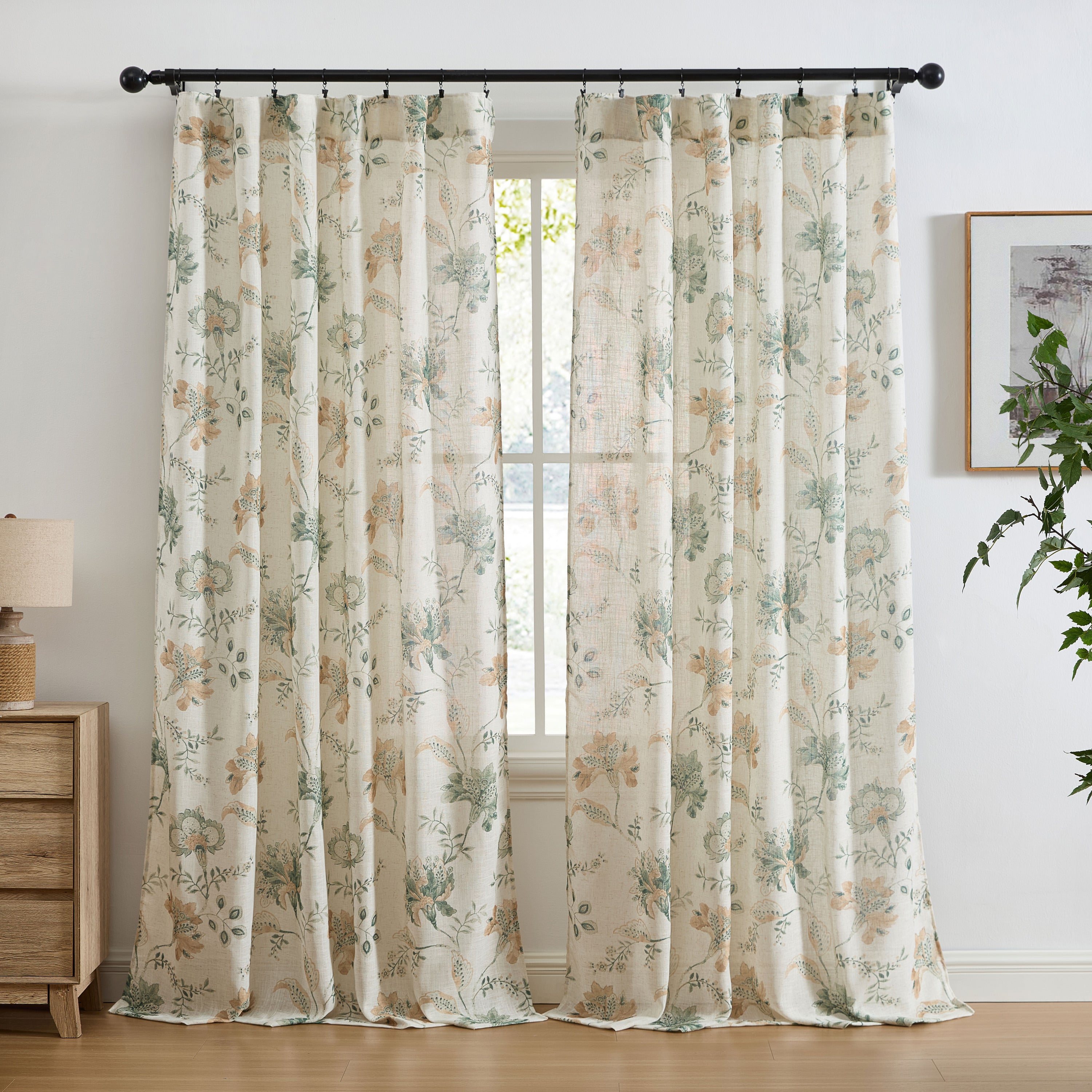 Spring Bloom Linen Floral Rod Pocket Back Tab Curtains