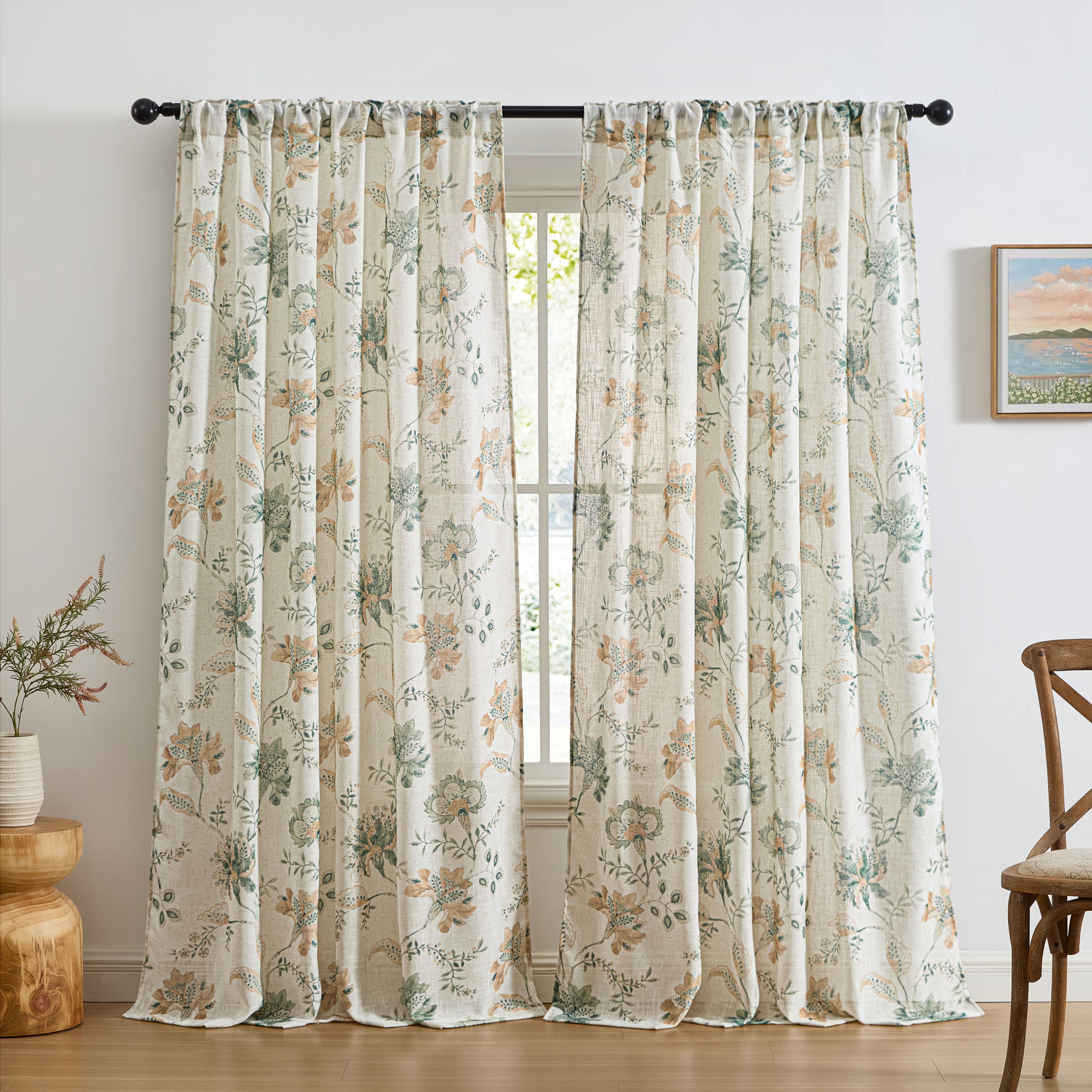Spring Bloom Linen Floral Rod Pocket Back Tab Curtains
