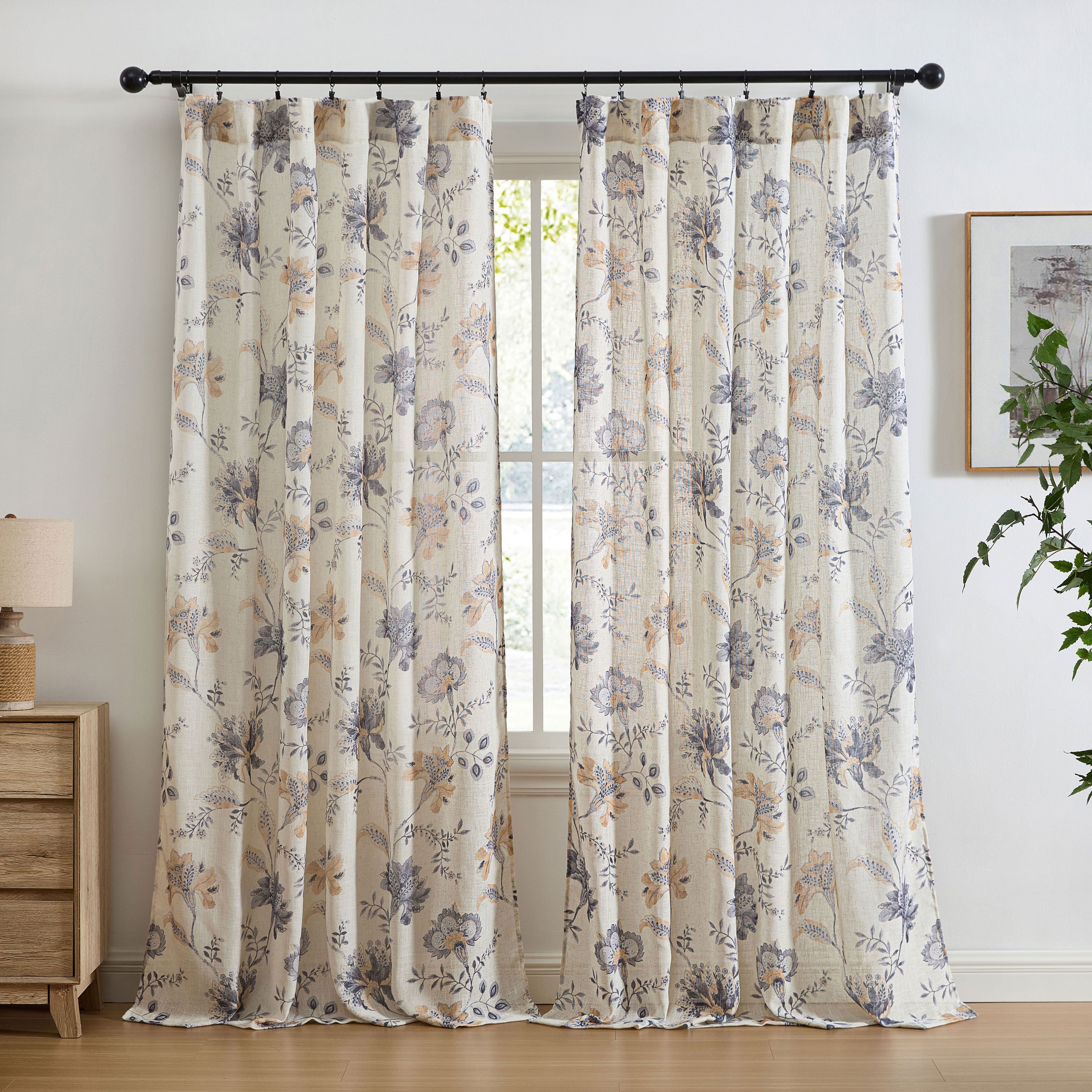 Spring Bloom Linen Floral Rod Pocket Back Tab Curtains