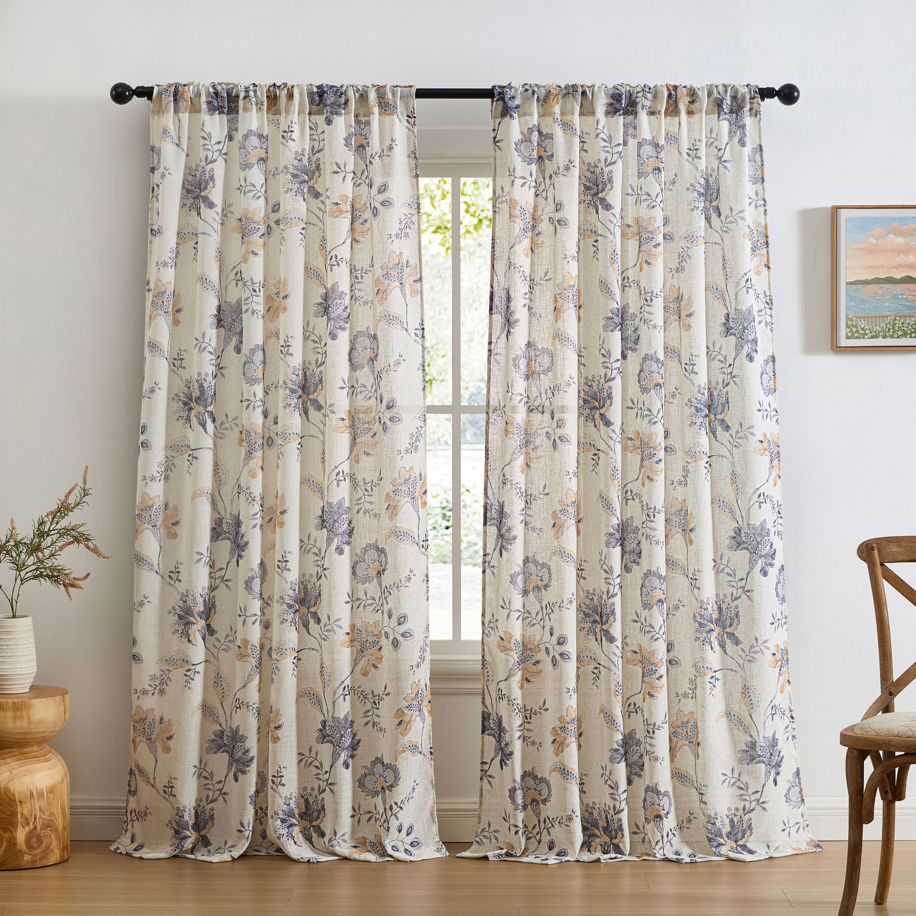 Spring Bloom Linen Floral Rod Pocket Back Tab Curtains