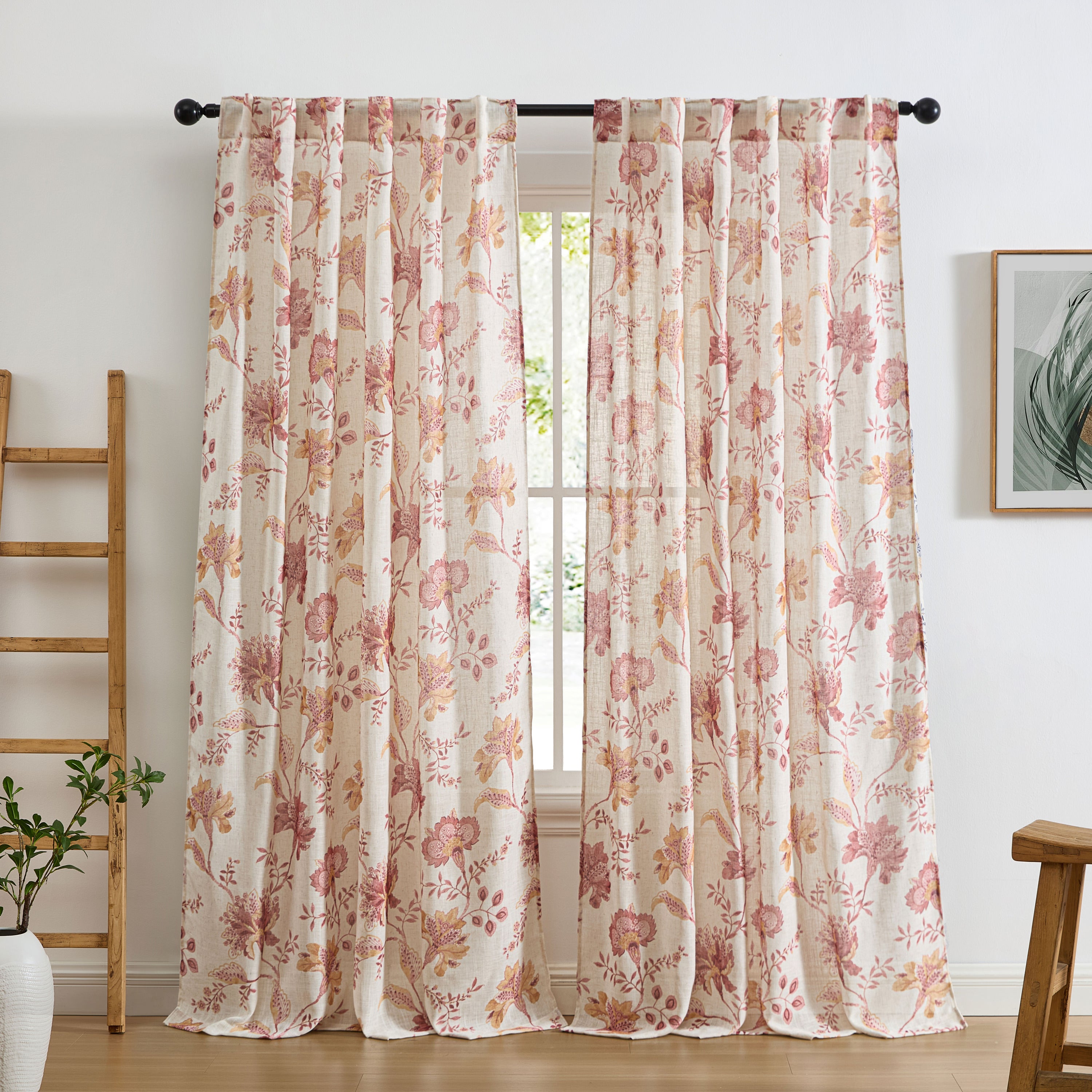 Spring Bloom Linen Floral Rod Pocket Back Tab Curtains