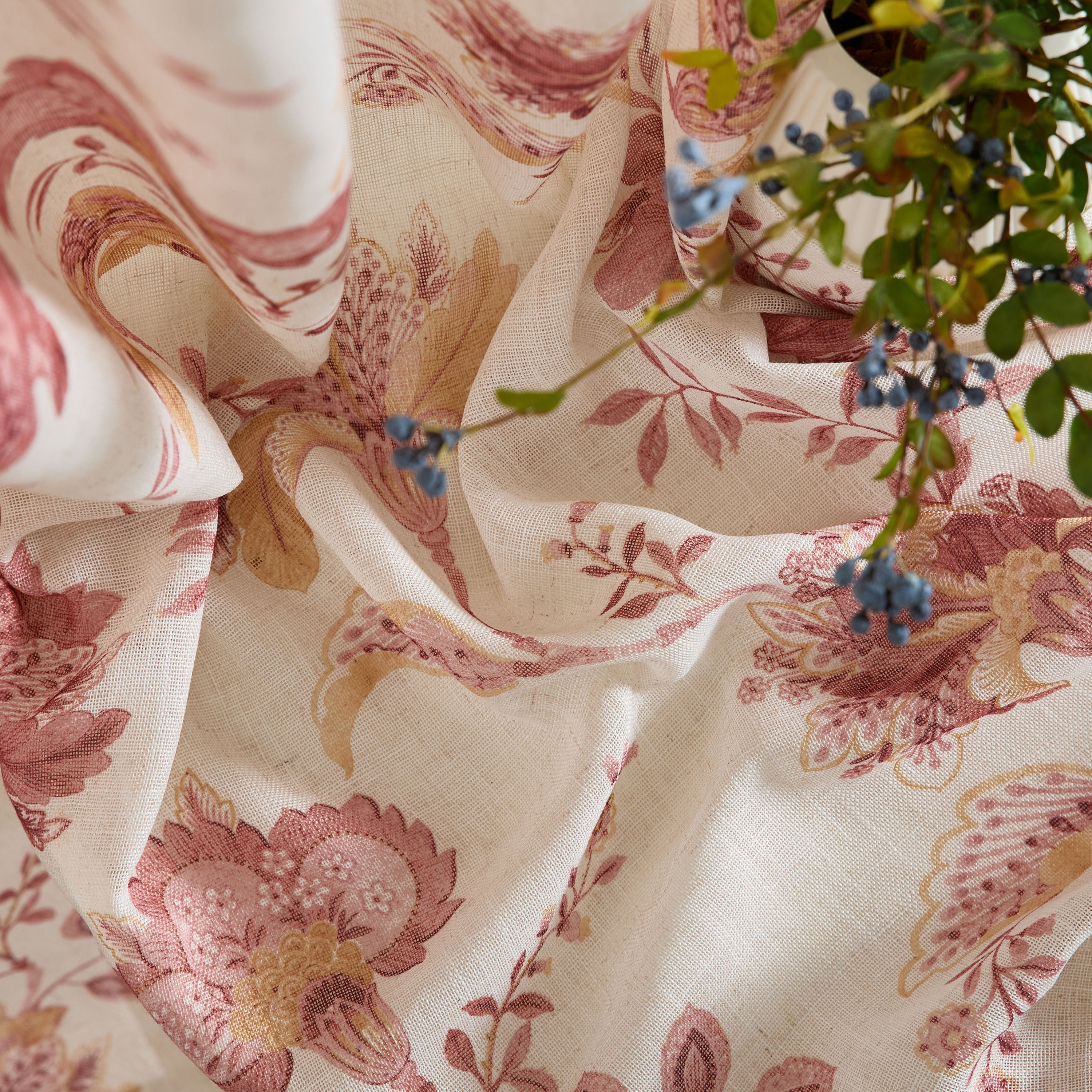 Spring Bloom Linen Floral Rod Pocket Back Tab Curtains