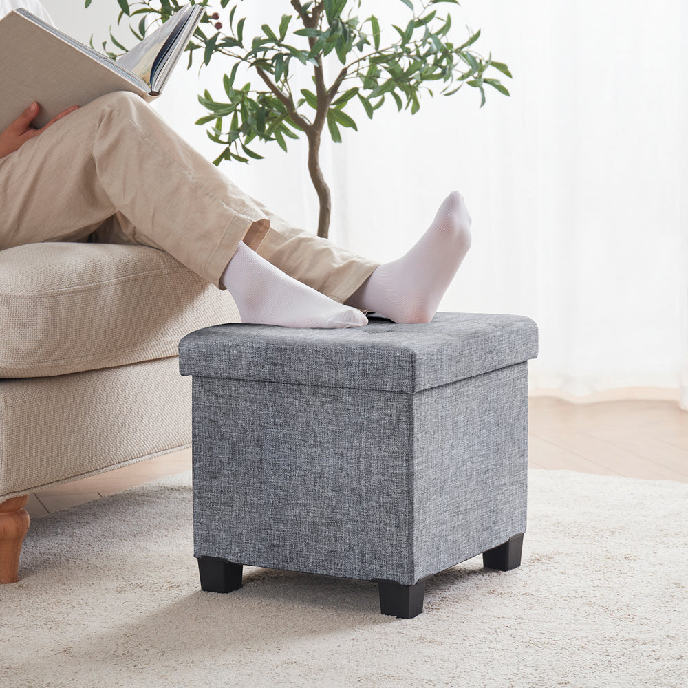 Foldable Tufted 15 Inch Square Linen Storage Ottoman with Legs - Gray