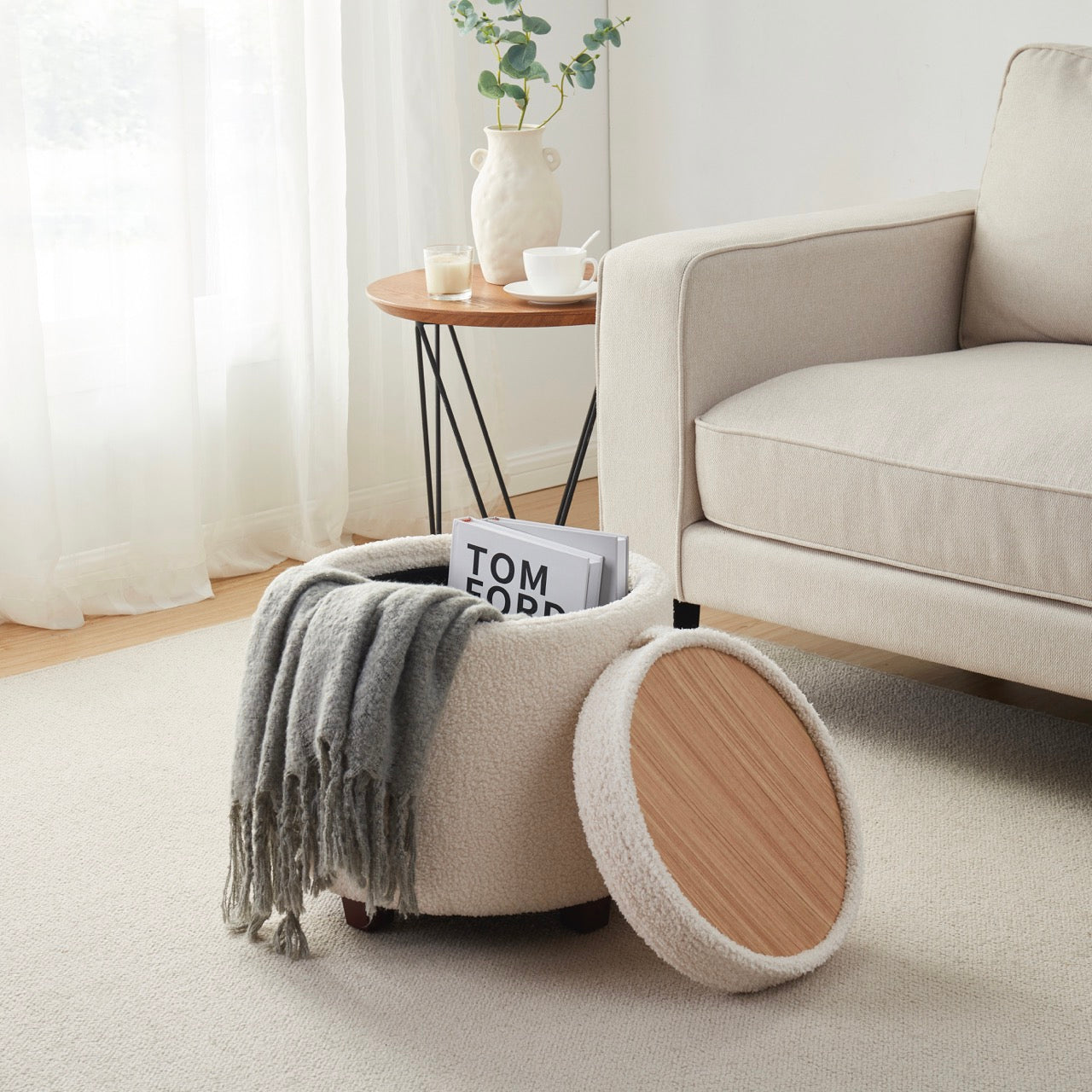 Lawrence Round Boucle White Storage Ottoman with Table Top Lid