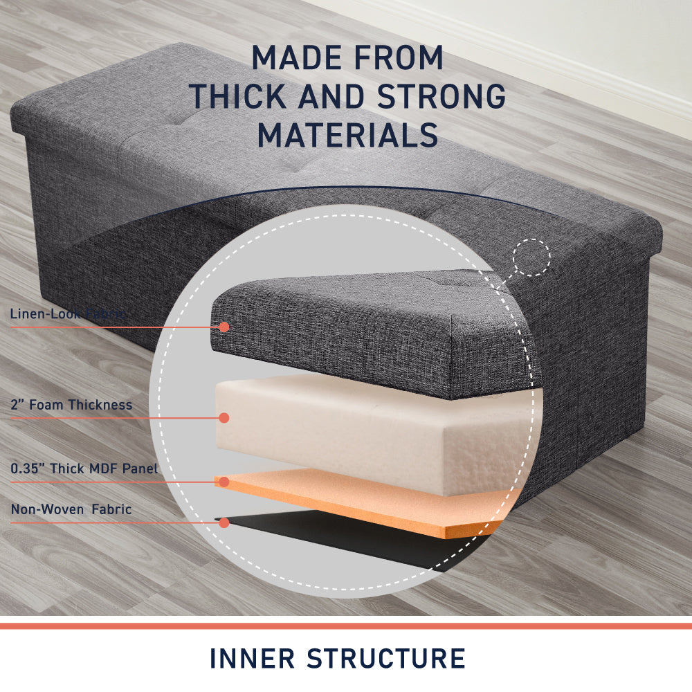 Foldable Tufted Linen Long Bench Storage Ottoman - Charcoal Gray