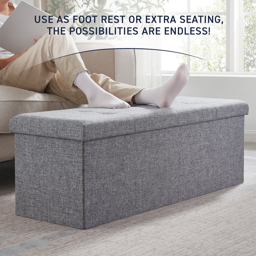 Foldable Tufted Linen Long Bench Storage Ottoman - Gray