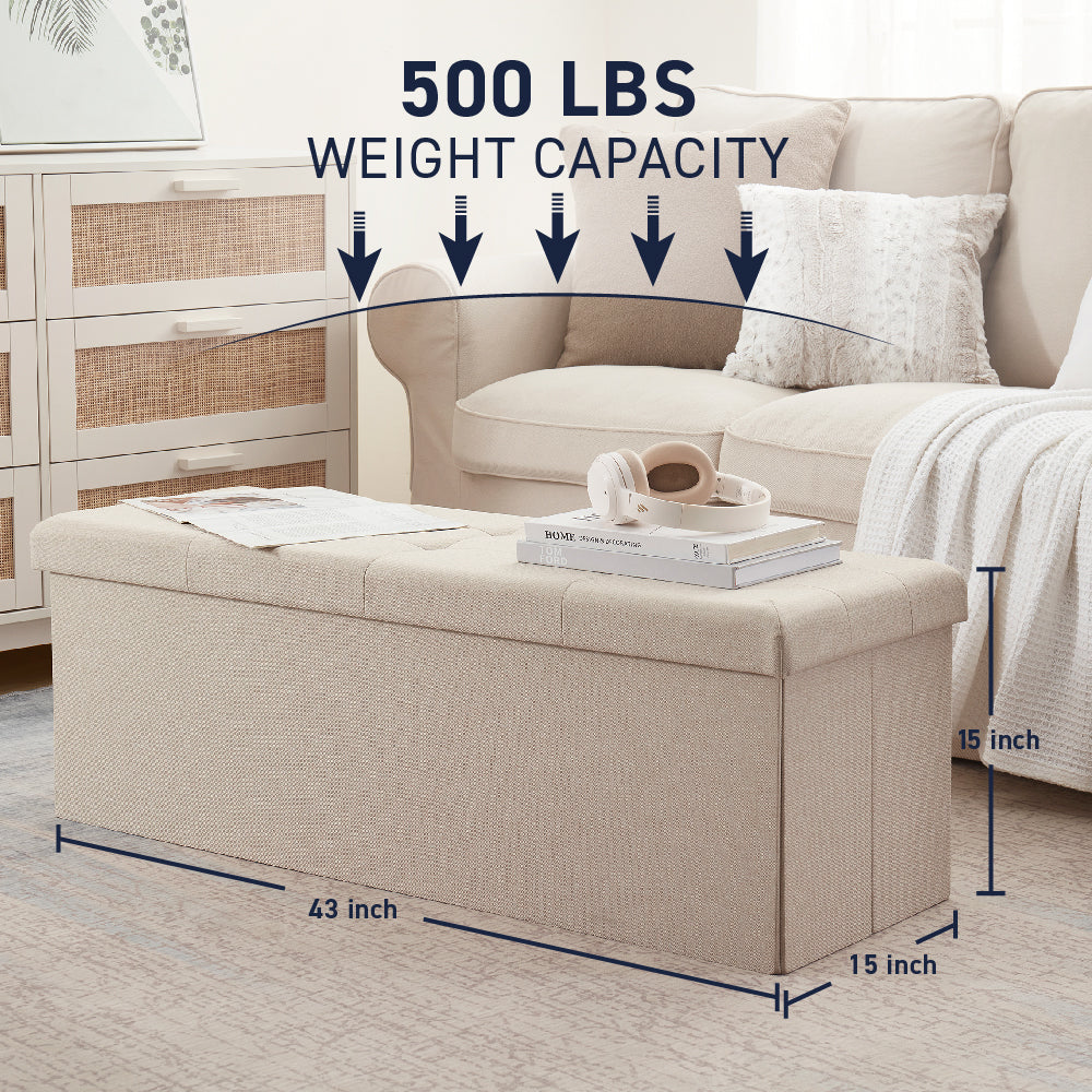 Foldable Tufted Linen 43" Inch Long Bench Storage Ottoman