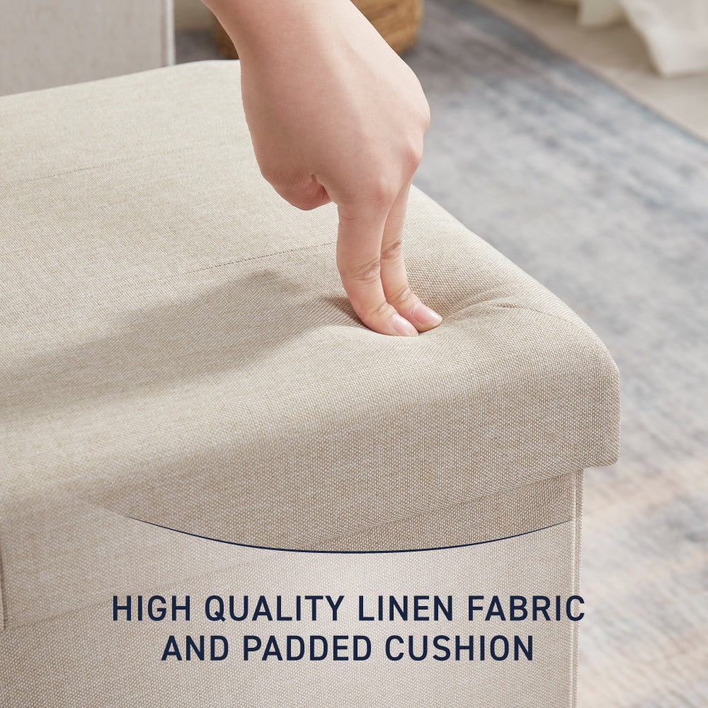 Foldable Tufted Linen Long Bench Storage Ottoman - Beige