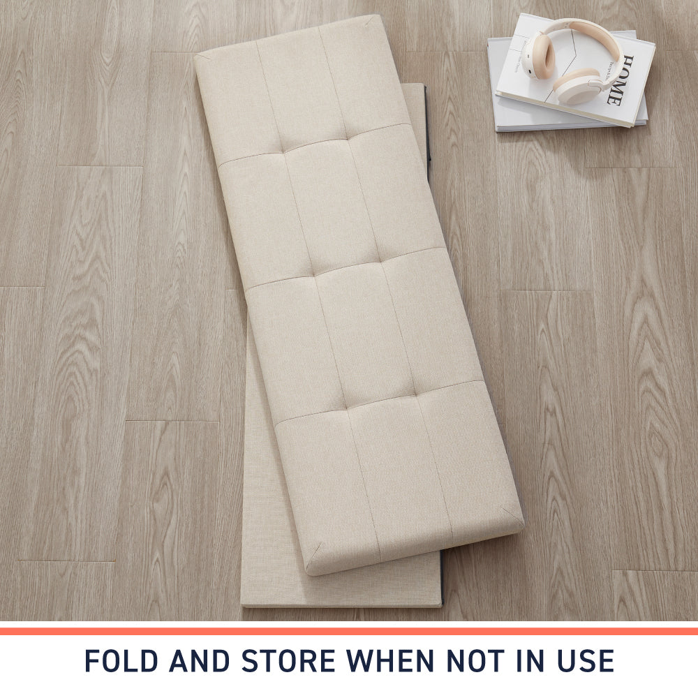 Foldable Tufted Linen Long Bench Storage Ottoman - Beige