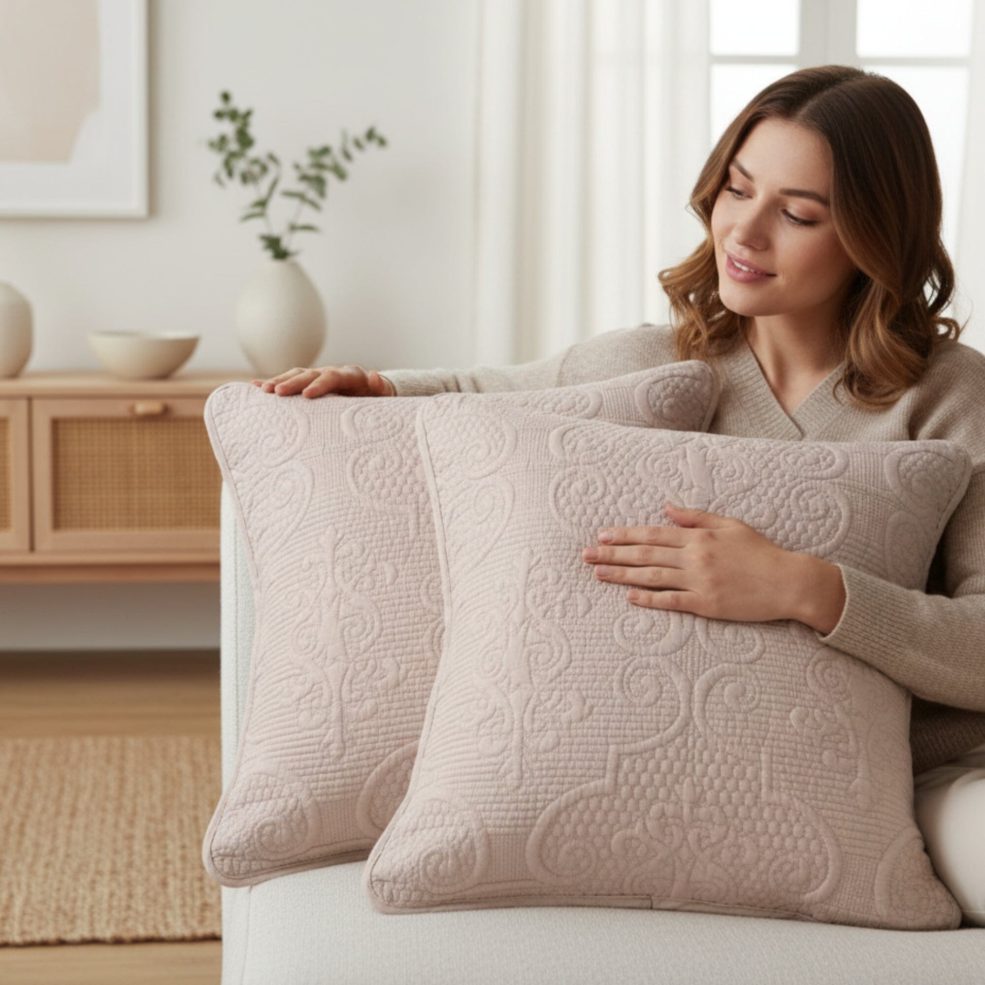 Set of 2-Pieces Sandy Beige Taupe Square Cushion Throw Pillow Covers, 18" x 18" (JHW-585)