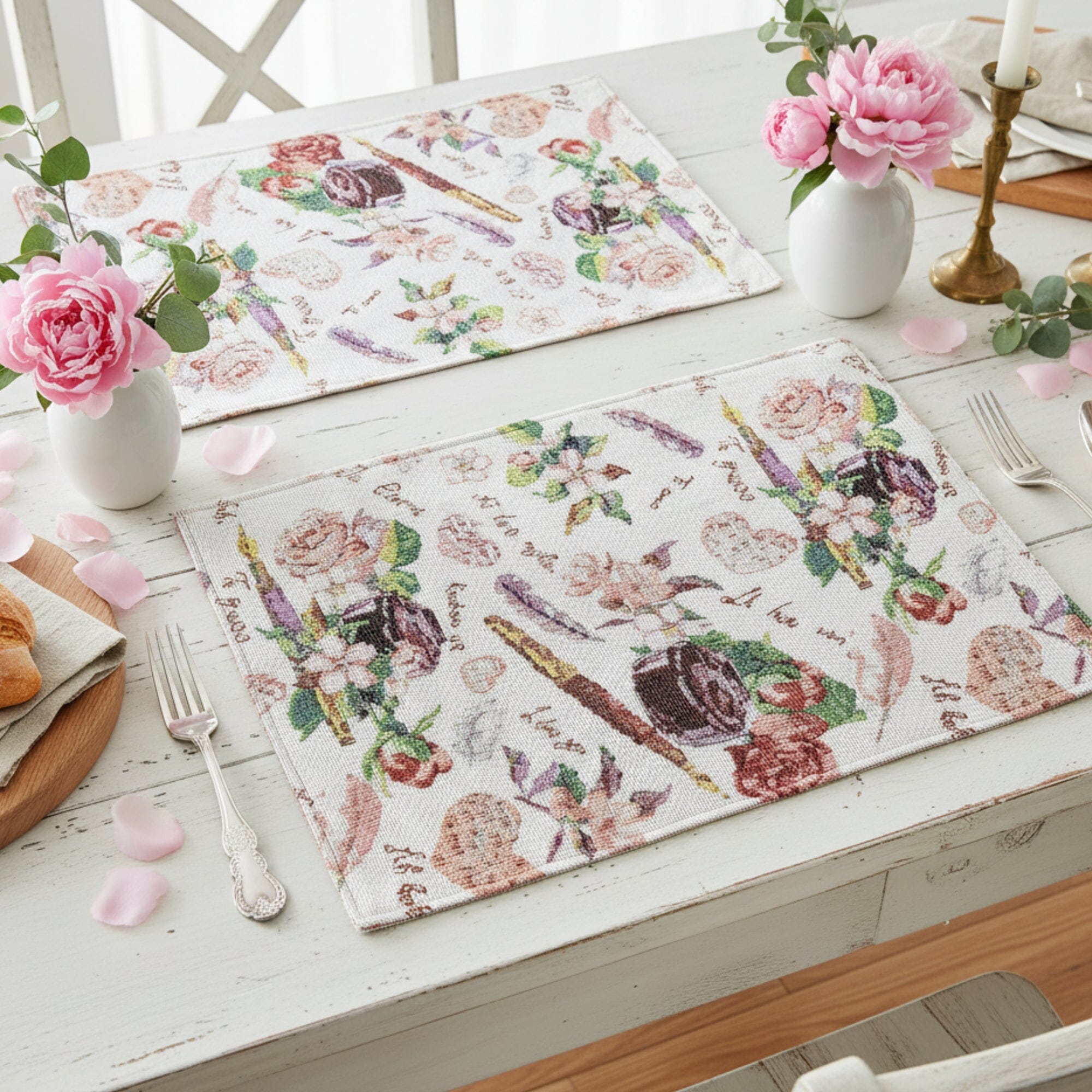 Set of 4-Pieces Sweet Love Notes Pink Floral Tapestry Dining Table Placemats 13" x 19"