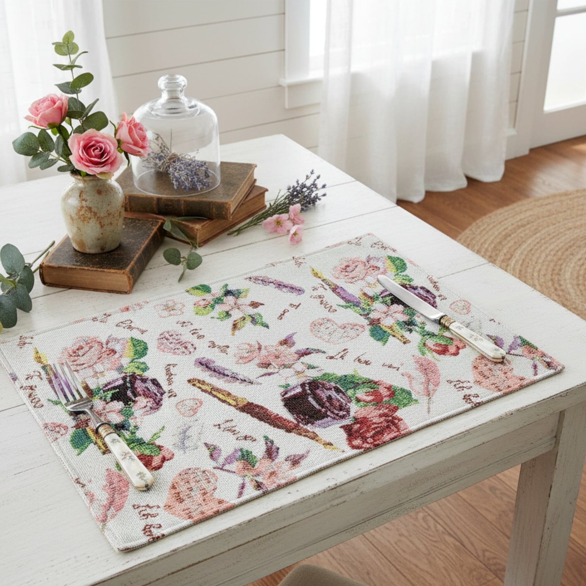 Set of 4-Pieces Sweet Love Notes Pink Floral Tapestry Dining Table Placemats 13" x 19"