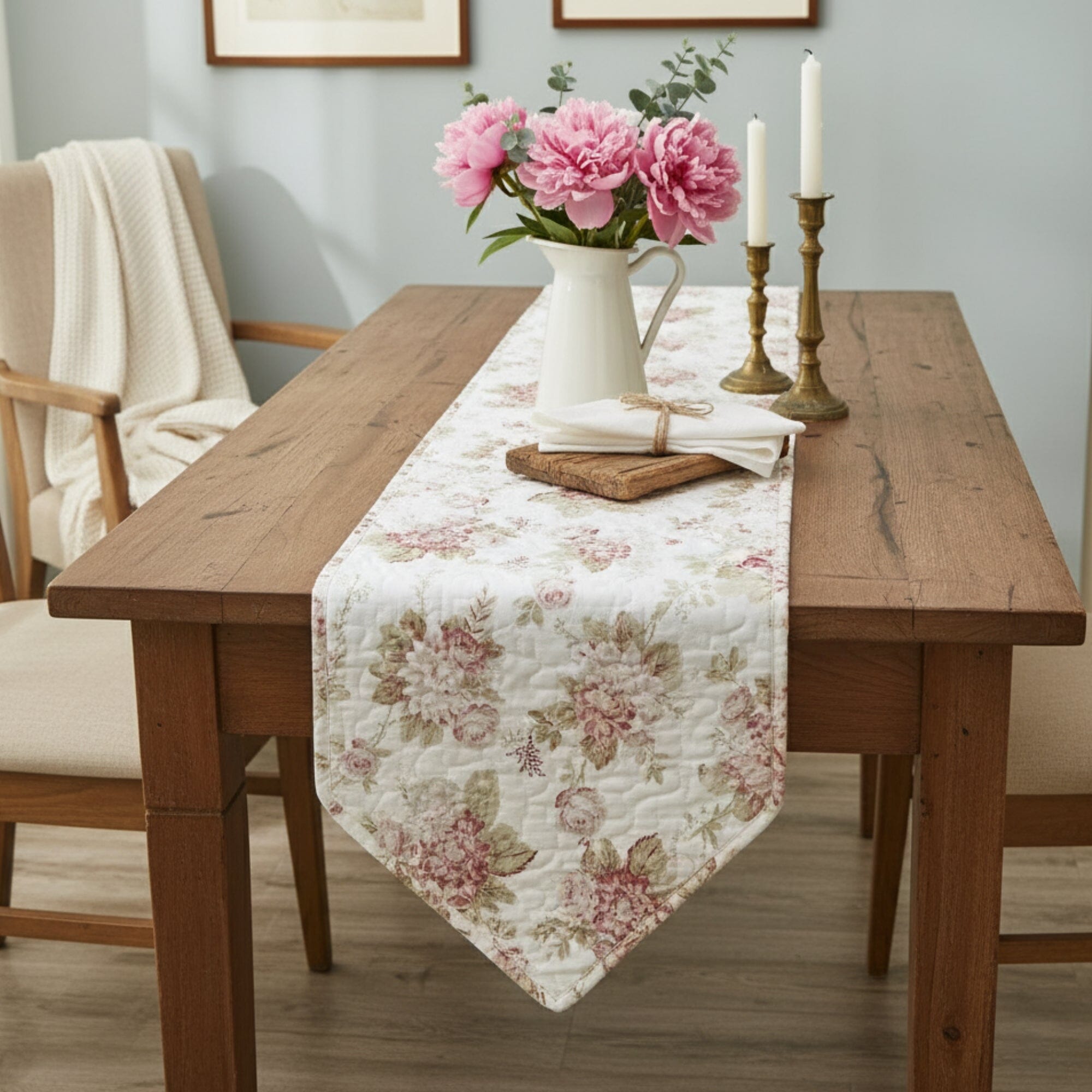 Hint of Mint Cottage Floral Roses Cotton Dining Table Runner (3036)