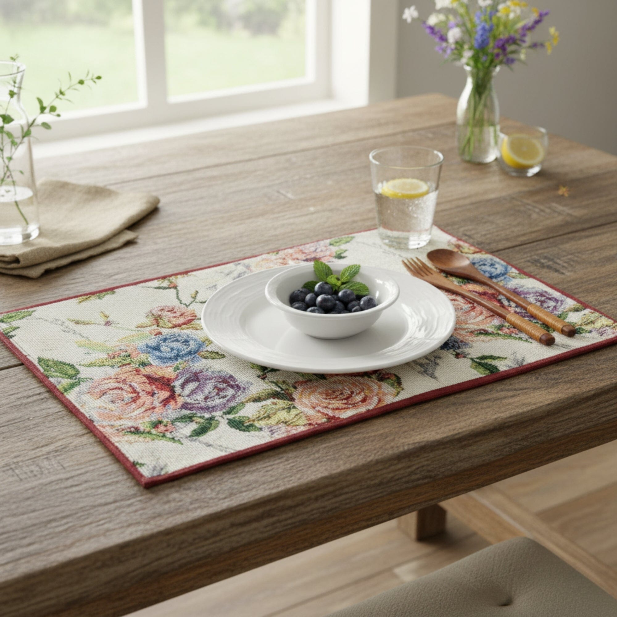 Set of 4-Pieces Vintage Romantic Roses Lovely Pink Floral Tapestry Placemats 13" x 19" (879)