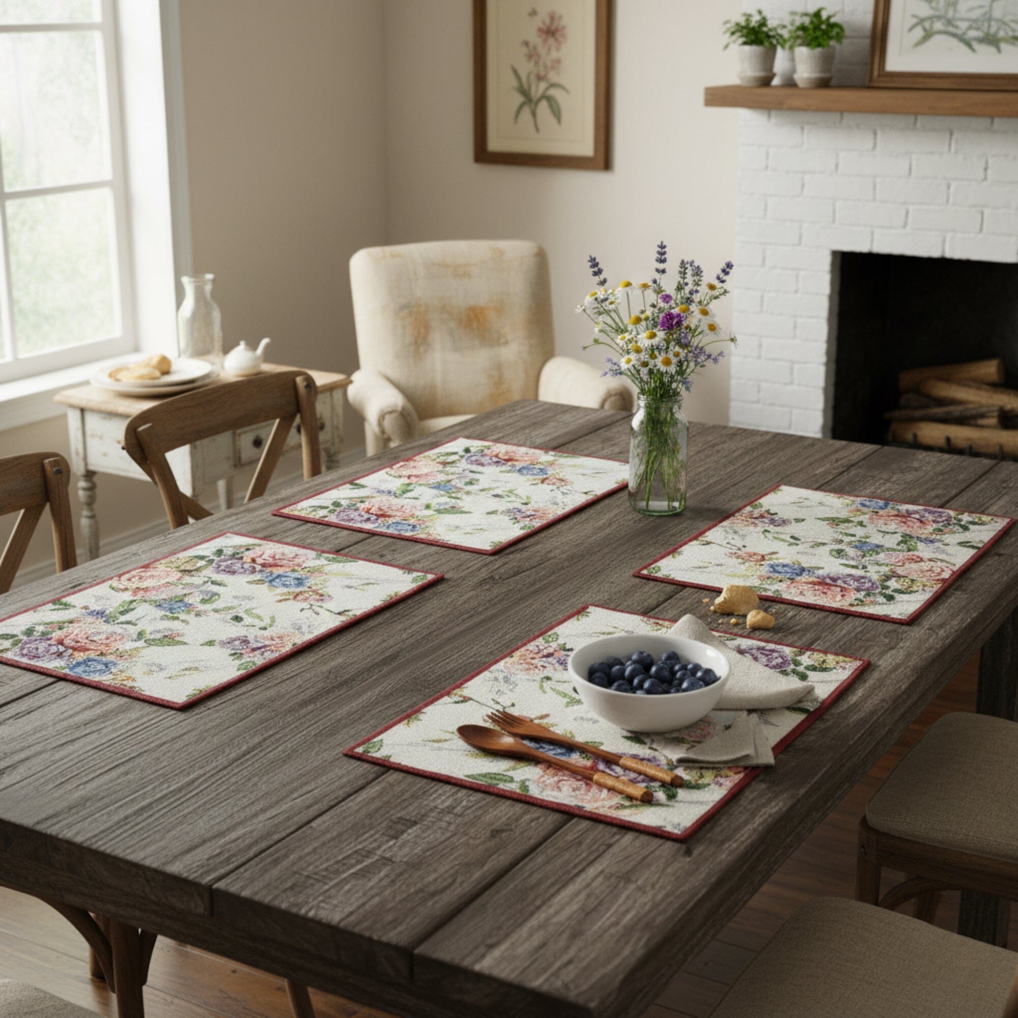 Set of 4-Pieces Vintage Romantic Roses Lovely Pink Floral Tapestry Placemats 13" x 19" (879)
