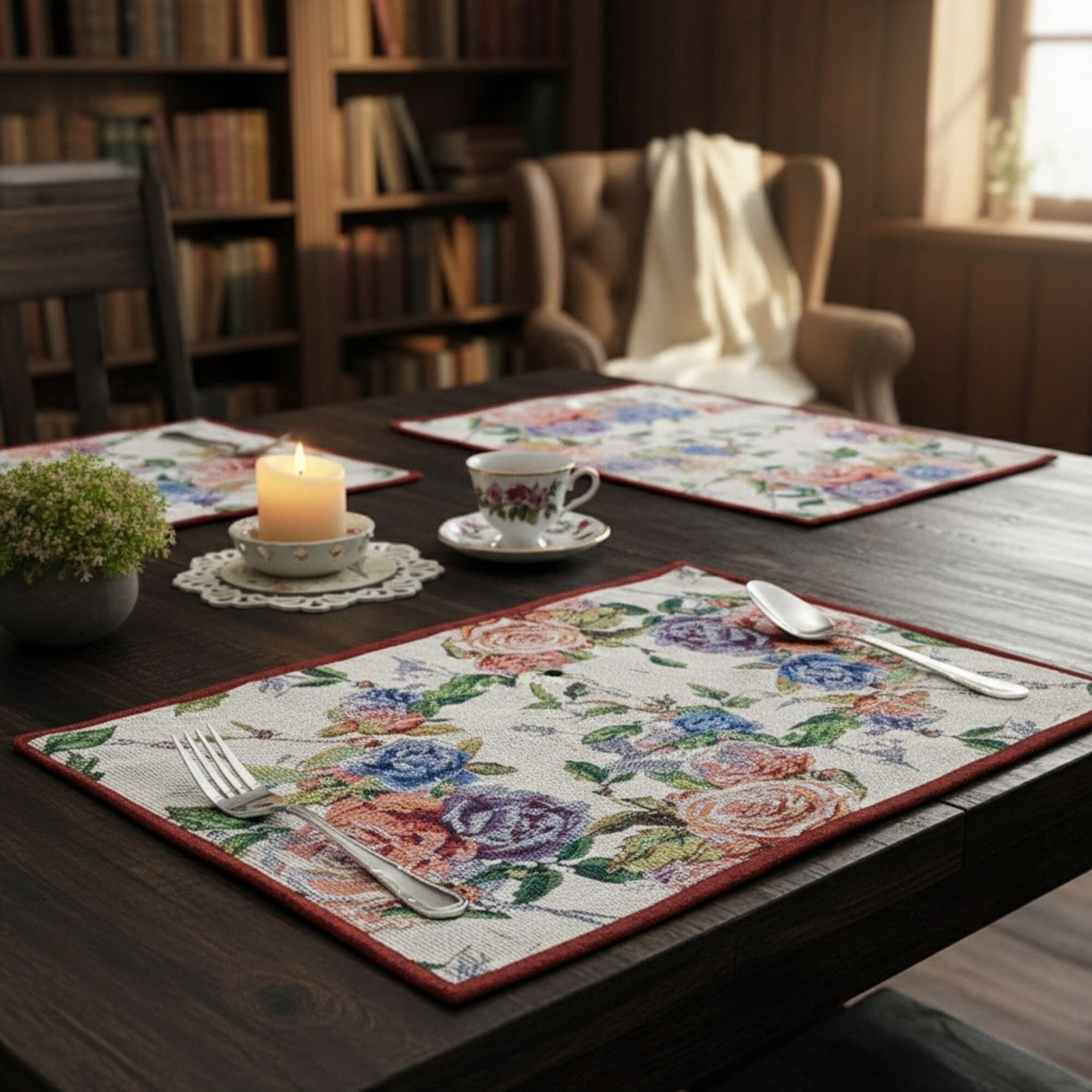 Set of 4-Pieces Vintage Romantic Roses Lovely Pink Floral Tapestry Placemats 13" x 19" (879)