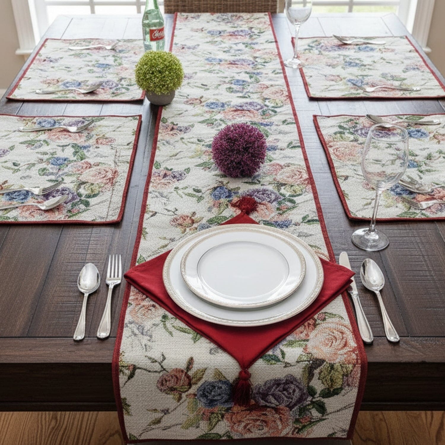 Vintage Romantic Roses Lovely Pink Floral Woven Tapestry Dining Table Runner (879)
